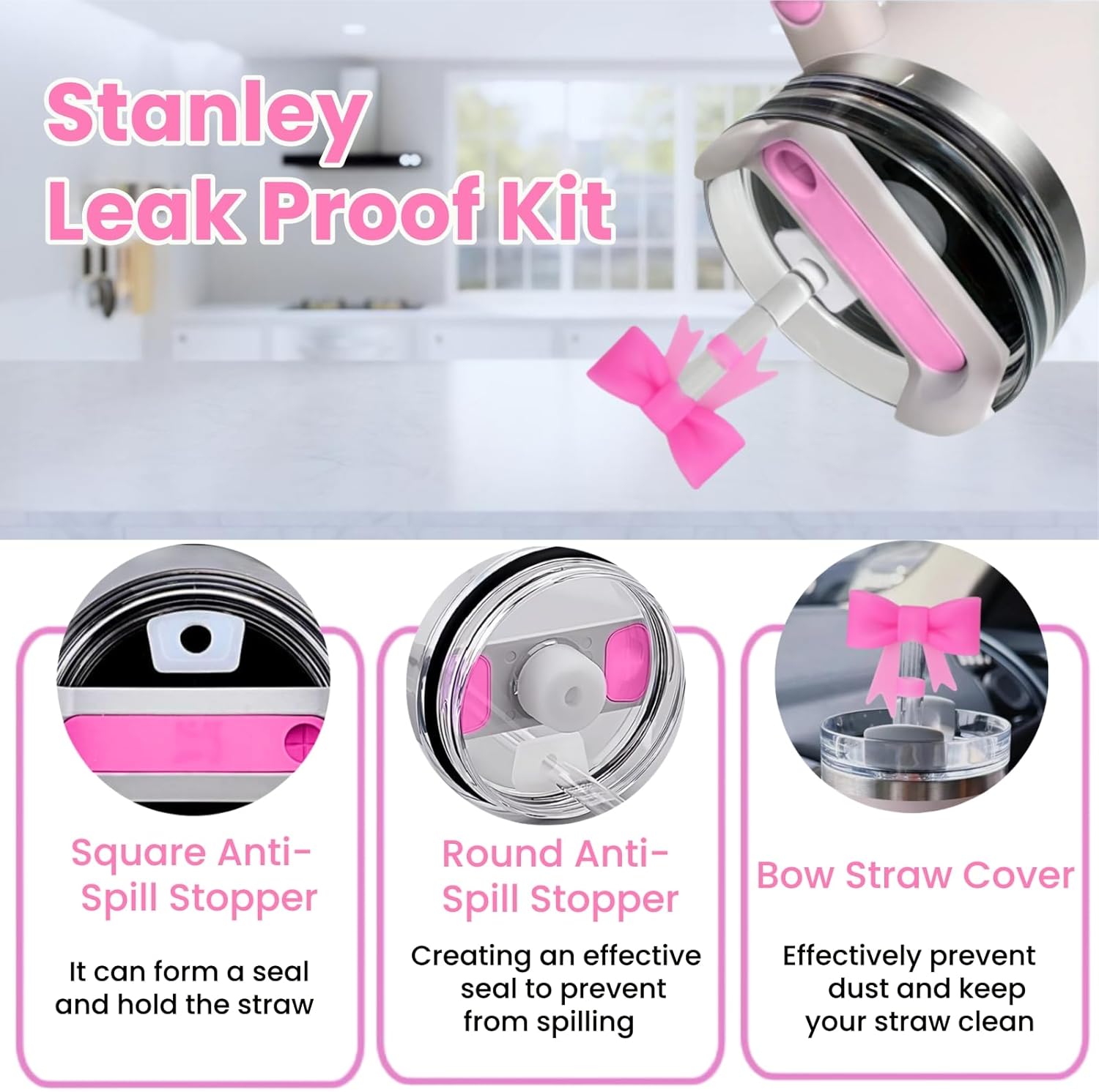 MOTEERLLU 6PCS Pink Stanley Cup Accessories Set, Initials Decorations for Stanley Cup 30oz 40oz, Includes Bow Straw Topper, Handle Charm, Letter Sticker, Silicone Boot, Spill Proof Stopper (Letter L) - Image 3