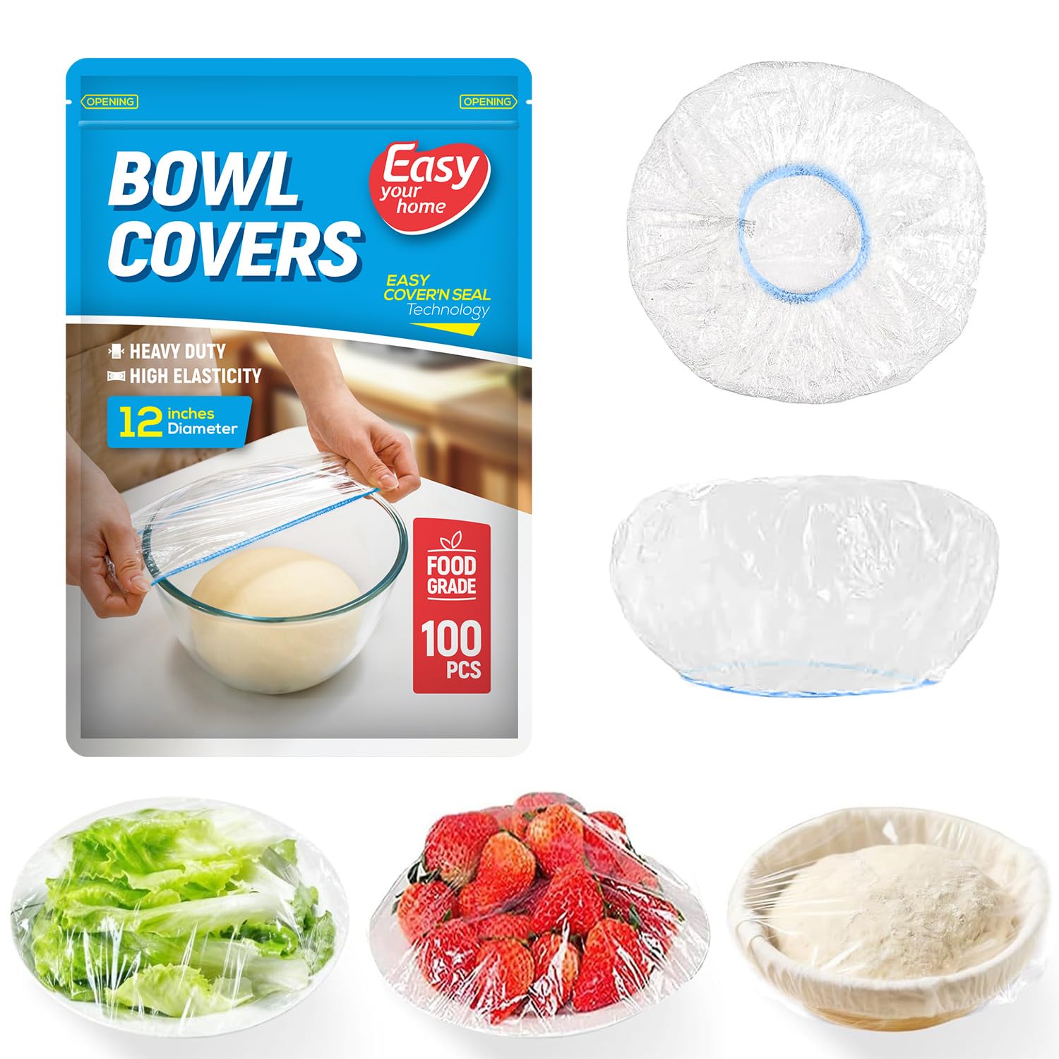 Easyyourhome 12Inch-100Pcs 100Pcs 12Inch Bowl Covers, Food Cover Dish Covers, Elastic Stretch Food Storage Lids, Bpa-Free Plastic Wrap For Sourdough Proofing Meal Prep Fresh Keeping