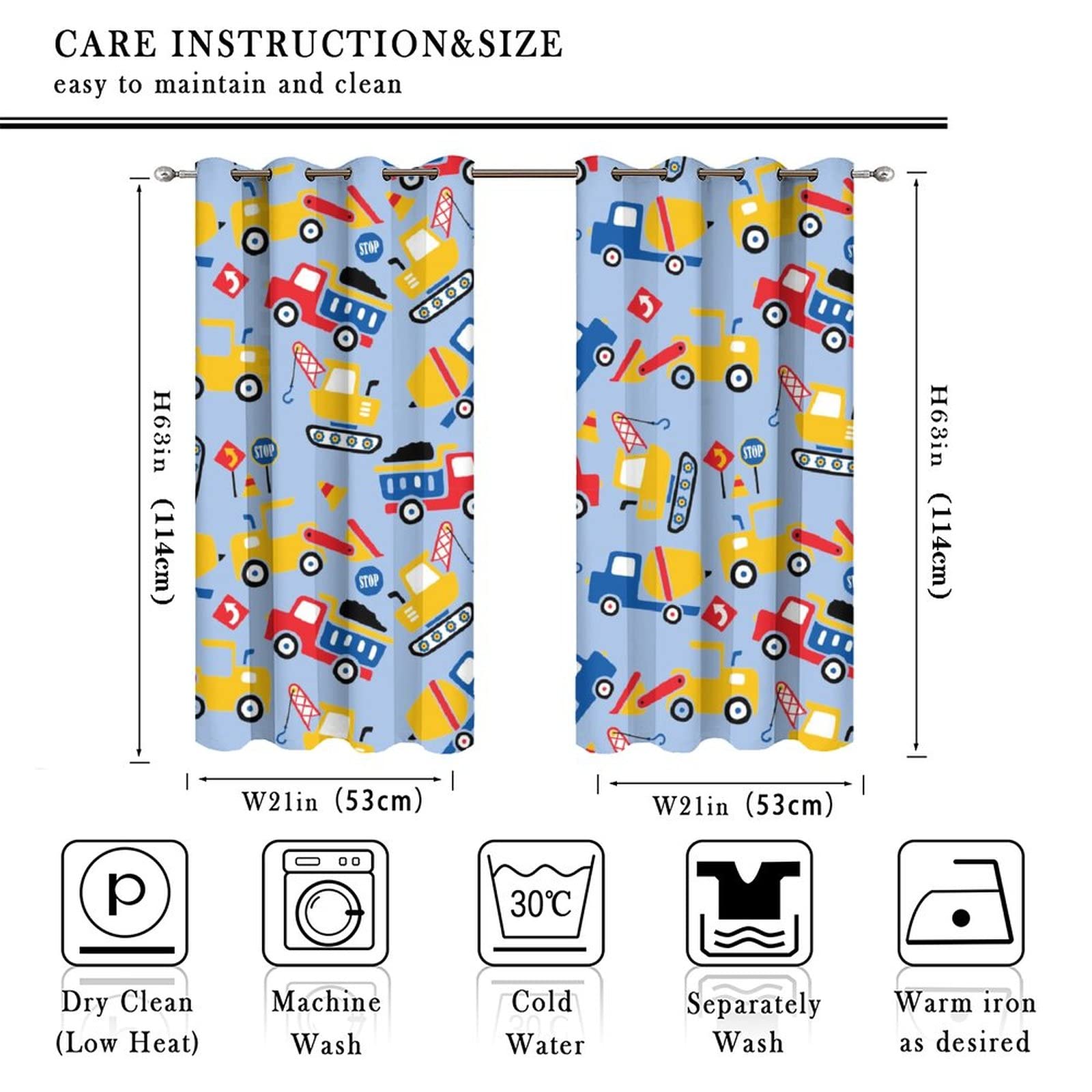 INSFBRB Truck Excavator Blackout Curtains for Living Room,Rainbow Colorful Cartoon Construction Bulldozers Dump Trucks Room Darkening Window Curtains with Grommets - 2 Panels 45L x 21W