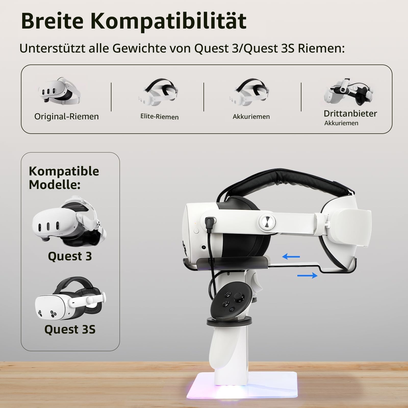 Meta Quest 3S/Quest 3 Vertikaler RGB-Ladeständer, LED-Licht, Rutschfester Matte, Weiß
