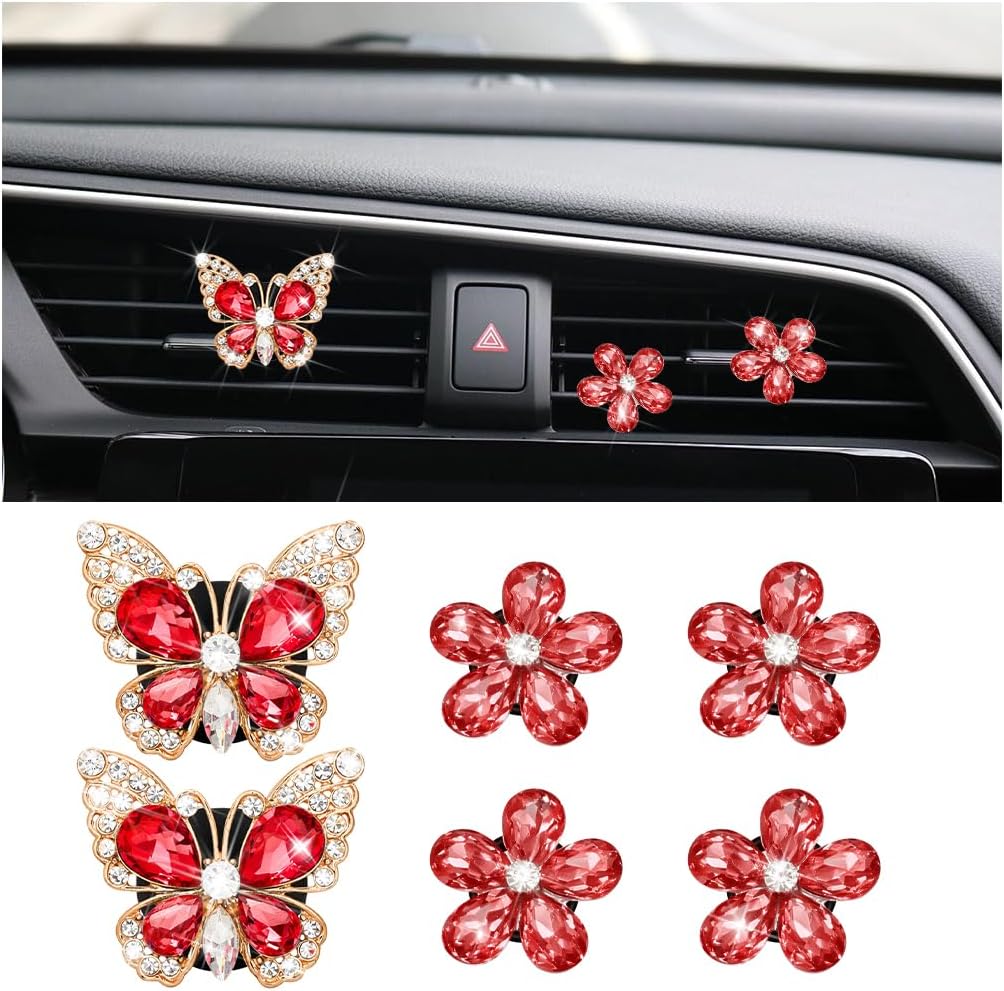 6PCS Car Rhinestone Air Vent Clips Daisy Butterfly Decor, Red