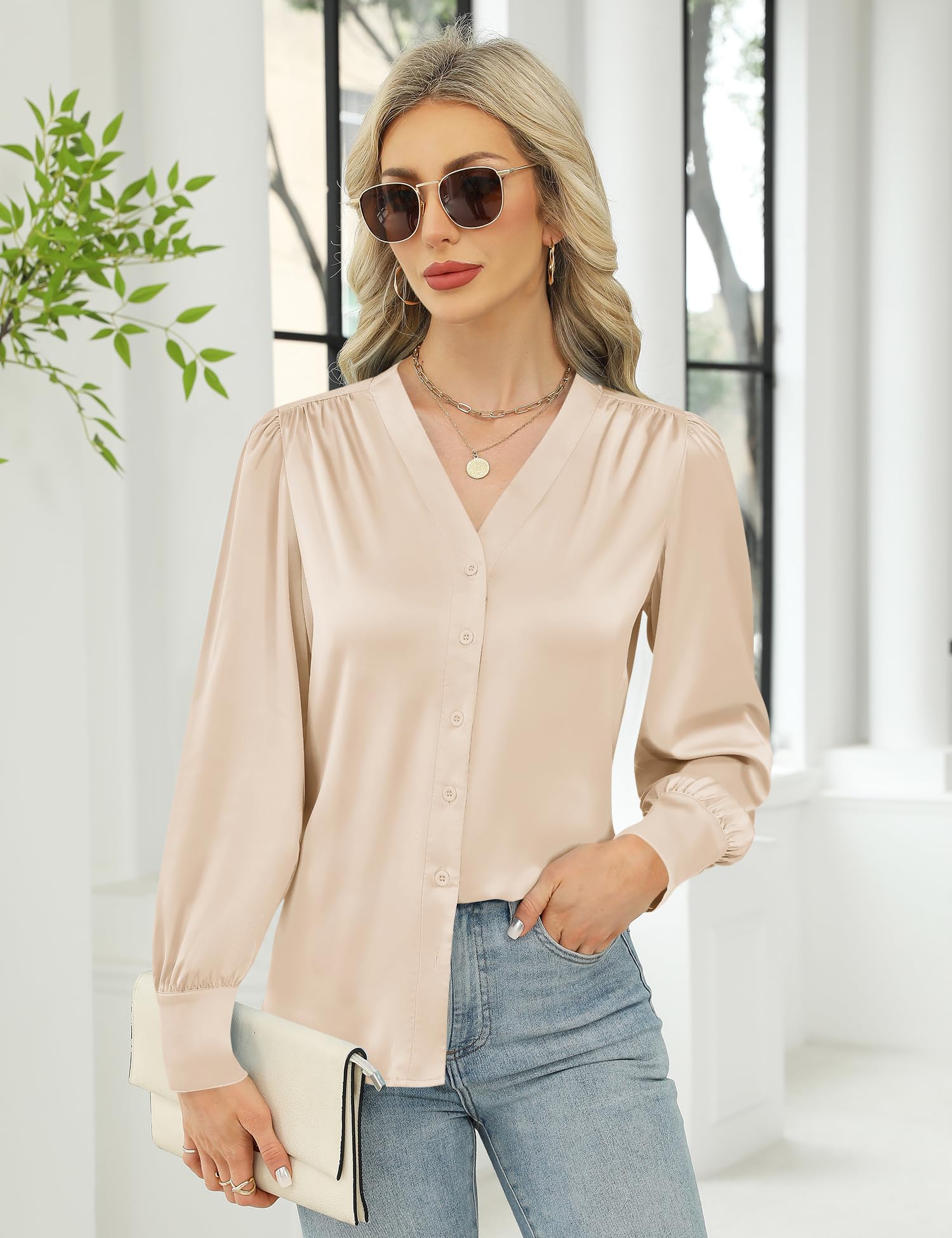Damskie letnie koszule z długim rękawem Slim Shirts jednokolorowe wycięcie w kształcie litery V Basic Shirts Business Button-Down koszule