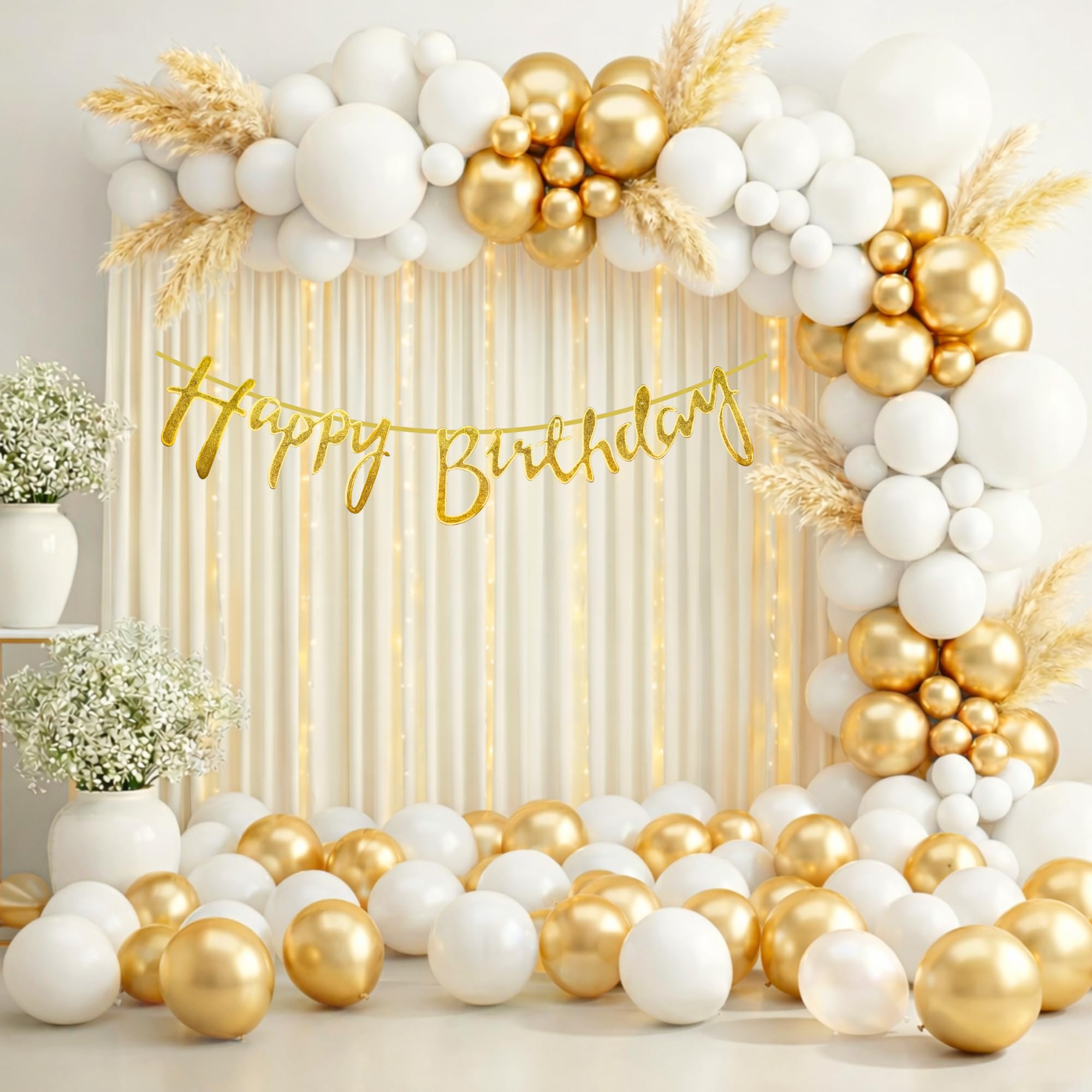 Happy Birthday Decoration Kit for Husband Wife Men Women Home Terrace Table Rent Year With 30 Pcs Gold White Balloons 1 Pcs Golden Happy Birthday Cursive Banner Items Set Combo-image-34