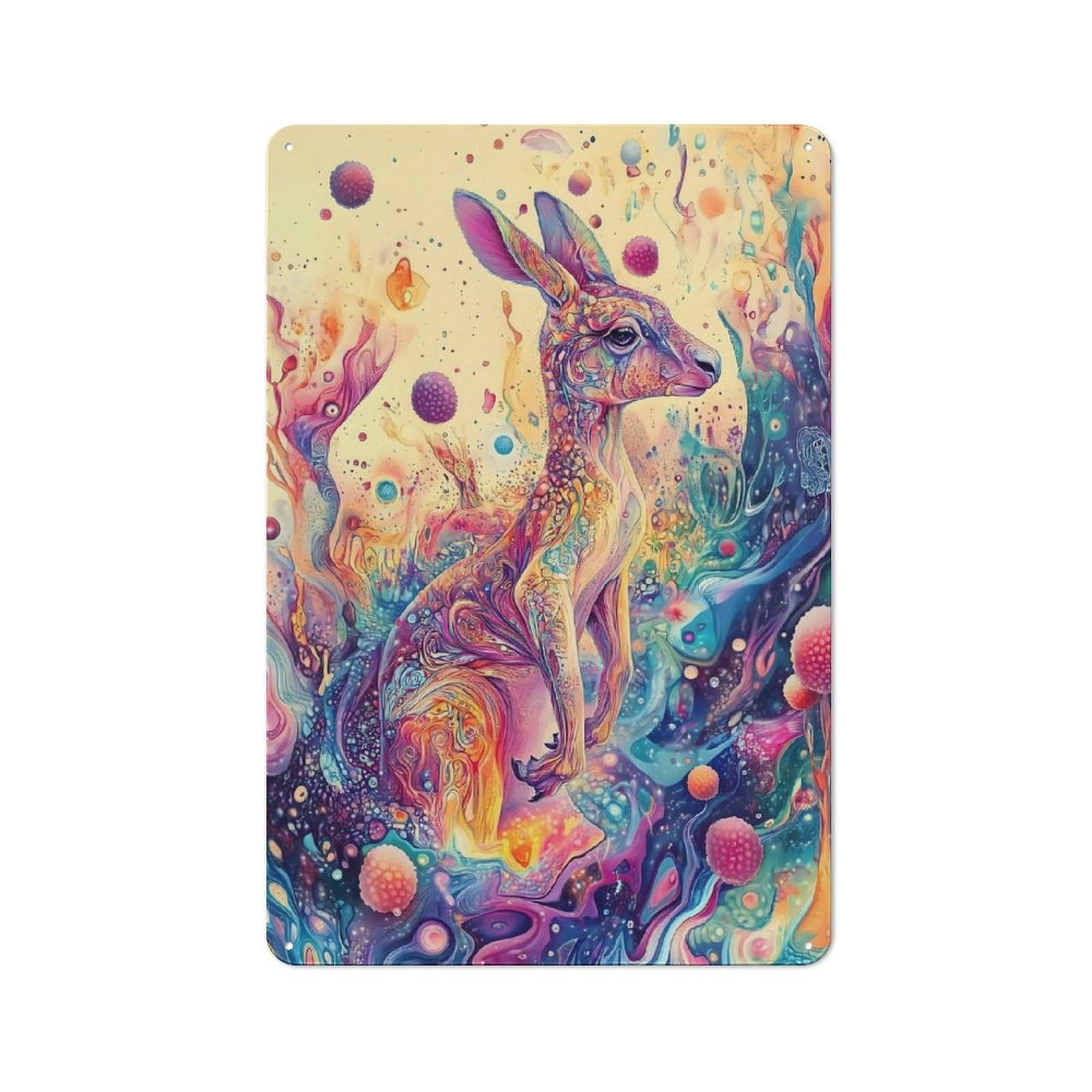 Kangaroo with Bubbles – Dripping Color Fantasy Art Retro-style Tin Wall Plaque 30x20cm for Living Room Wall, A Metal Wall Feature for Living Rooms And Feature Walls