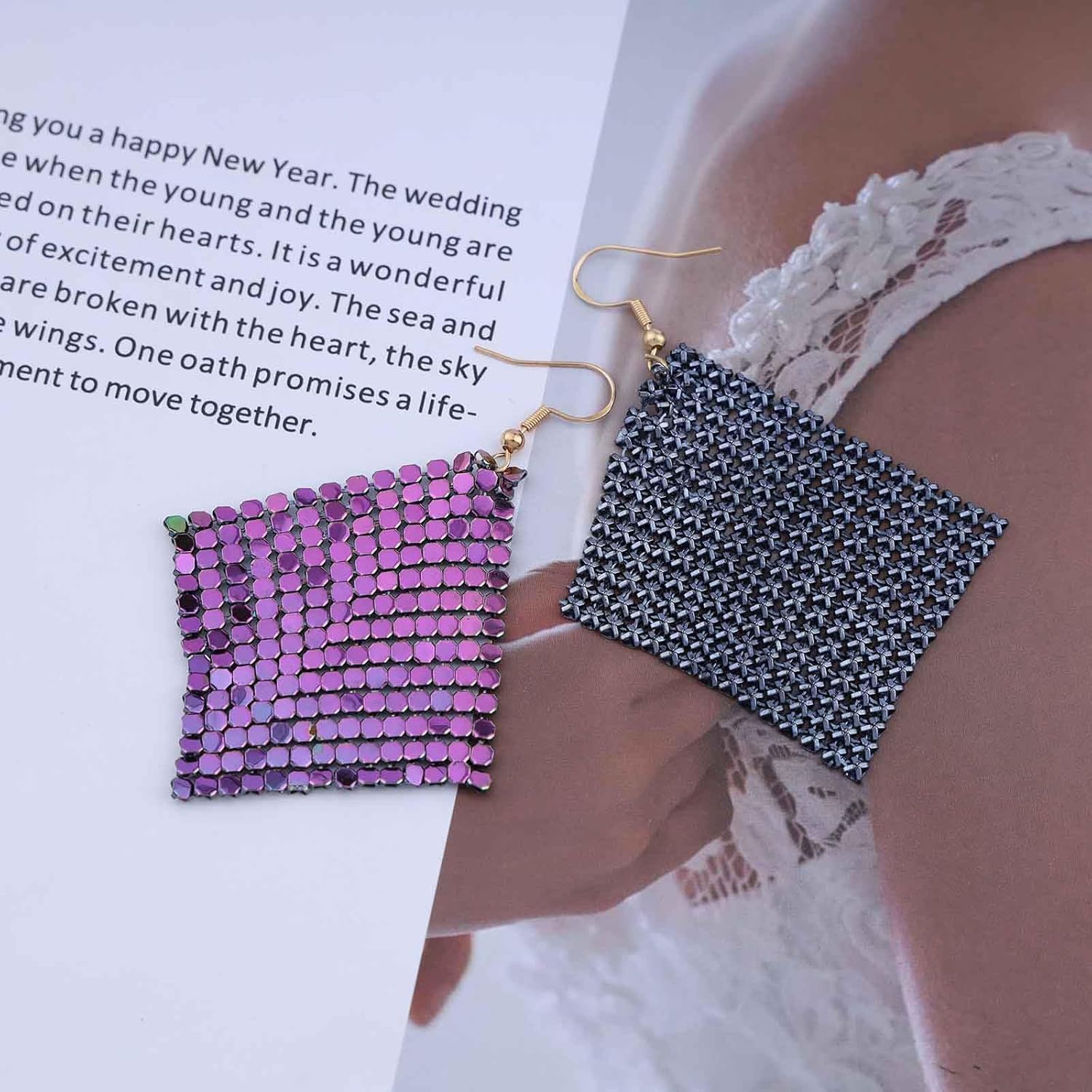 Vintage Metal Mesh Earrings Grid Sequins Dangle Earrings Lightweight Mesh Hook Earrings Purple Long Tassel Sequins Drop Earrings for Women - Image 4