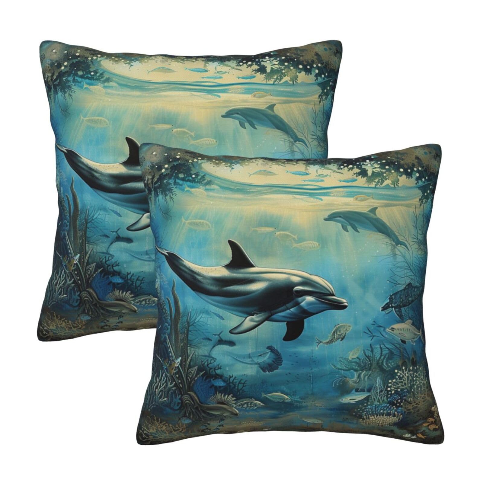 kkvhhyuo Sea Dolphin Print Pillow Covers Set of 2, Square Decorative Cushion Covers with Hidden Zipper, Throw Pillow Cases for Living Room Sofa Bed Chair, 45x45 cm