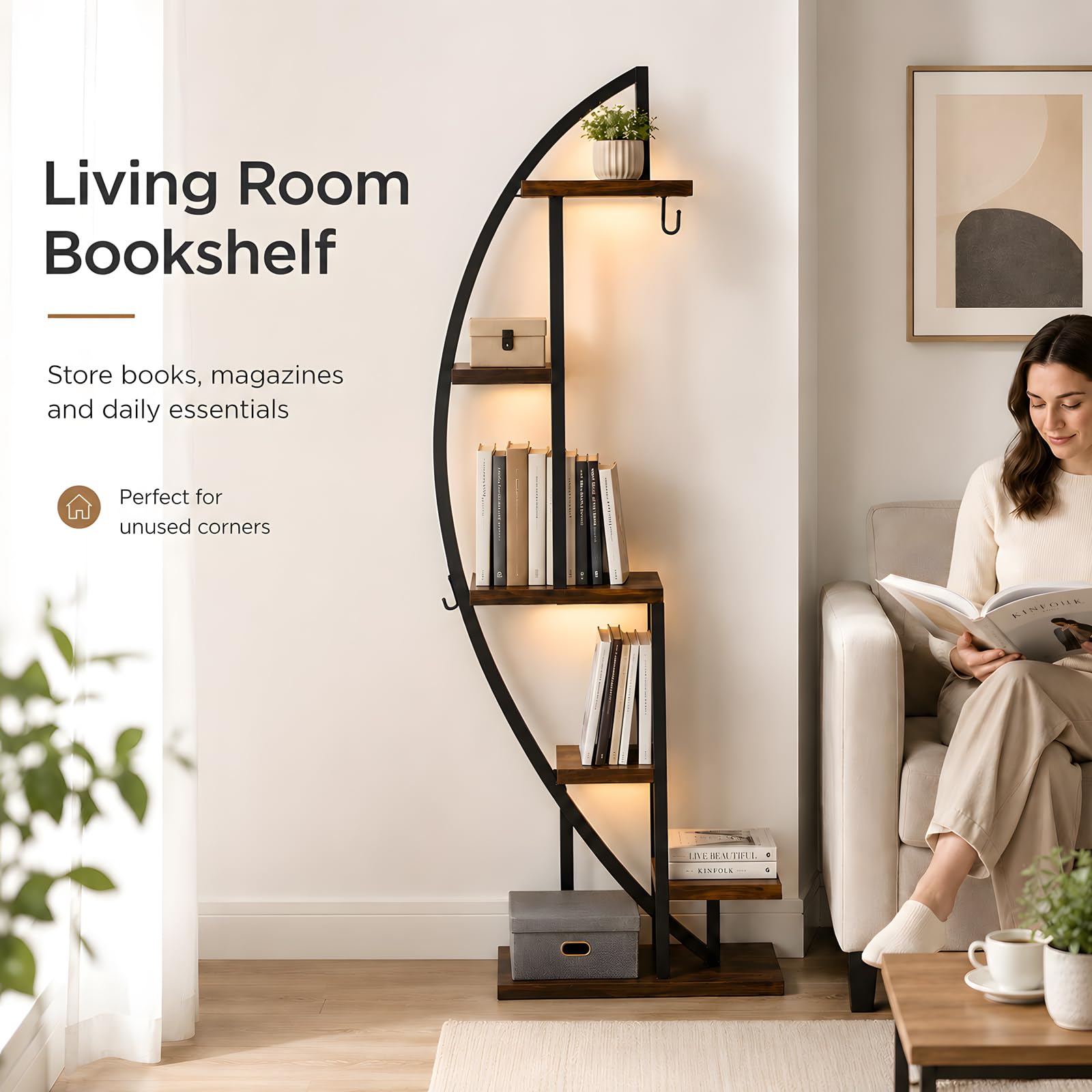 Bücherregal im Industrie Design mit LED Pflanzenlicht 1 Stück halbmodförmiges Eckregal Holz Metall schmales Standregal für Flur Wohnzimmer neben Sofa Schlafzimmer 50x30x160 cm