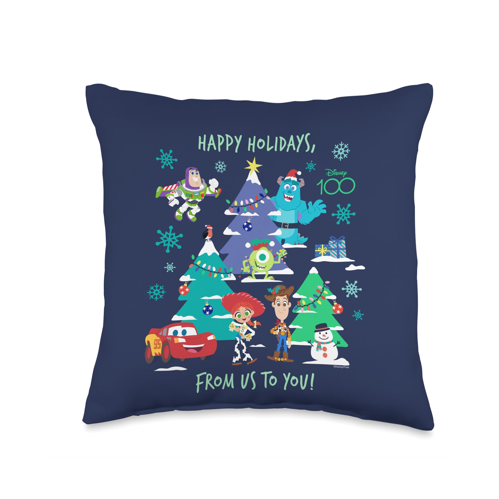 Disney 100 and Pixar Christmas Happy Holidays from Us to You Throw Pillow