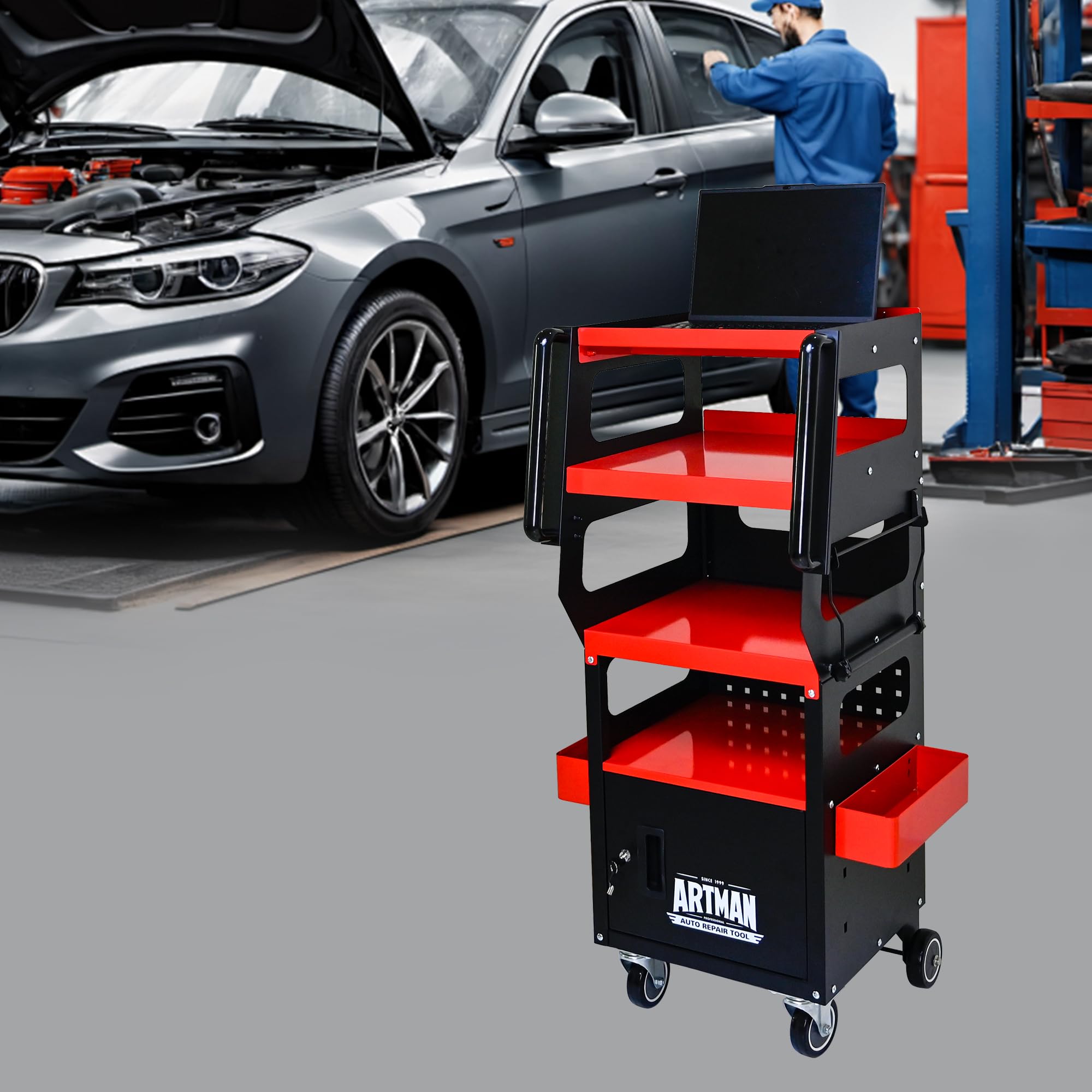 4-Level Rolling Cart Trolley Storage Cart with Pegboard,360 Degrees Rotating casters: Natural Rubber Material, Black/Red