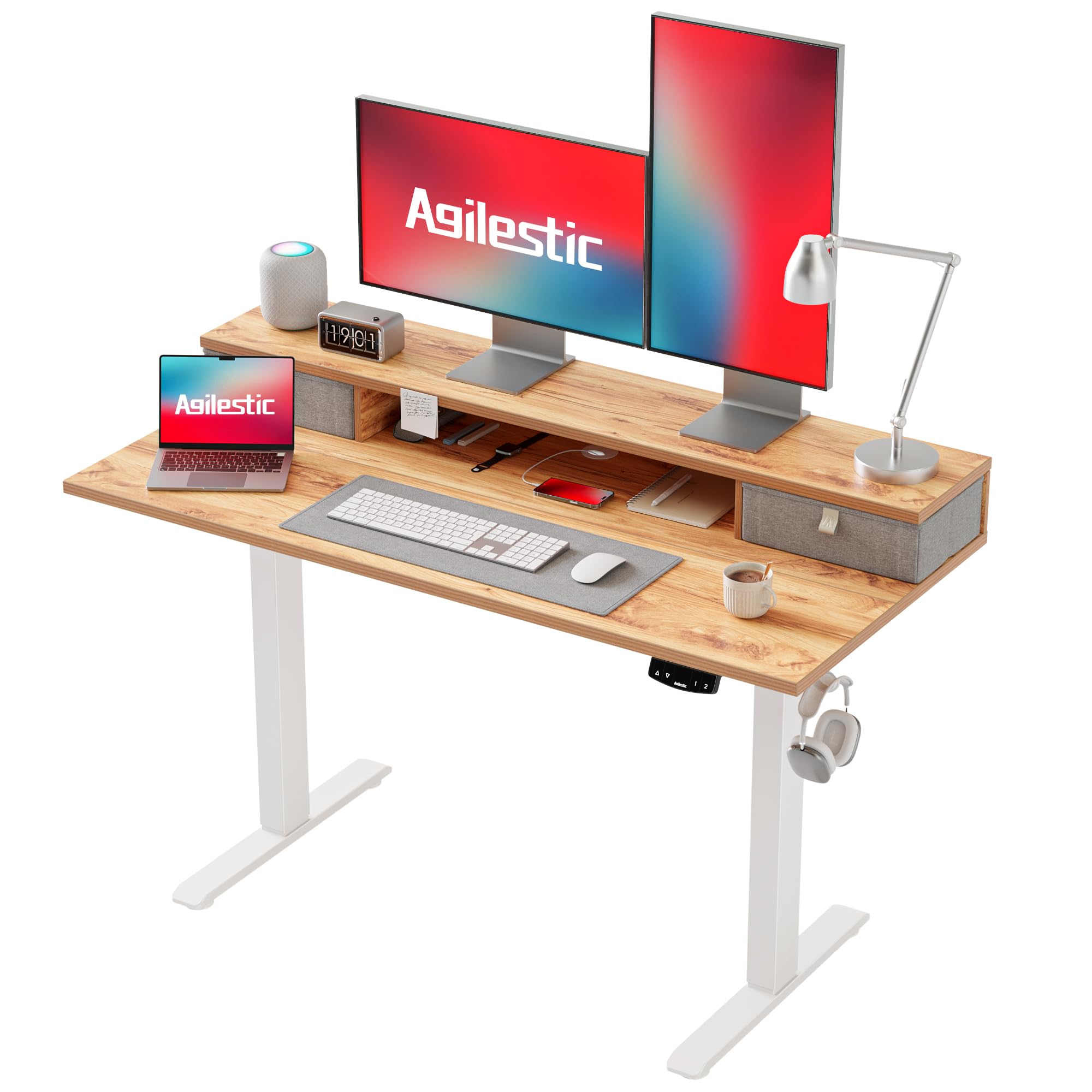 Agilestic Escritorio Regulable en Altura con 2 cajones, 120 x 60 cm Escritorio Estable Eléctrico Regulable en Altura, Escritorio ergonómico de bipedestación Escritorio para Ordenador, Marrón Claro