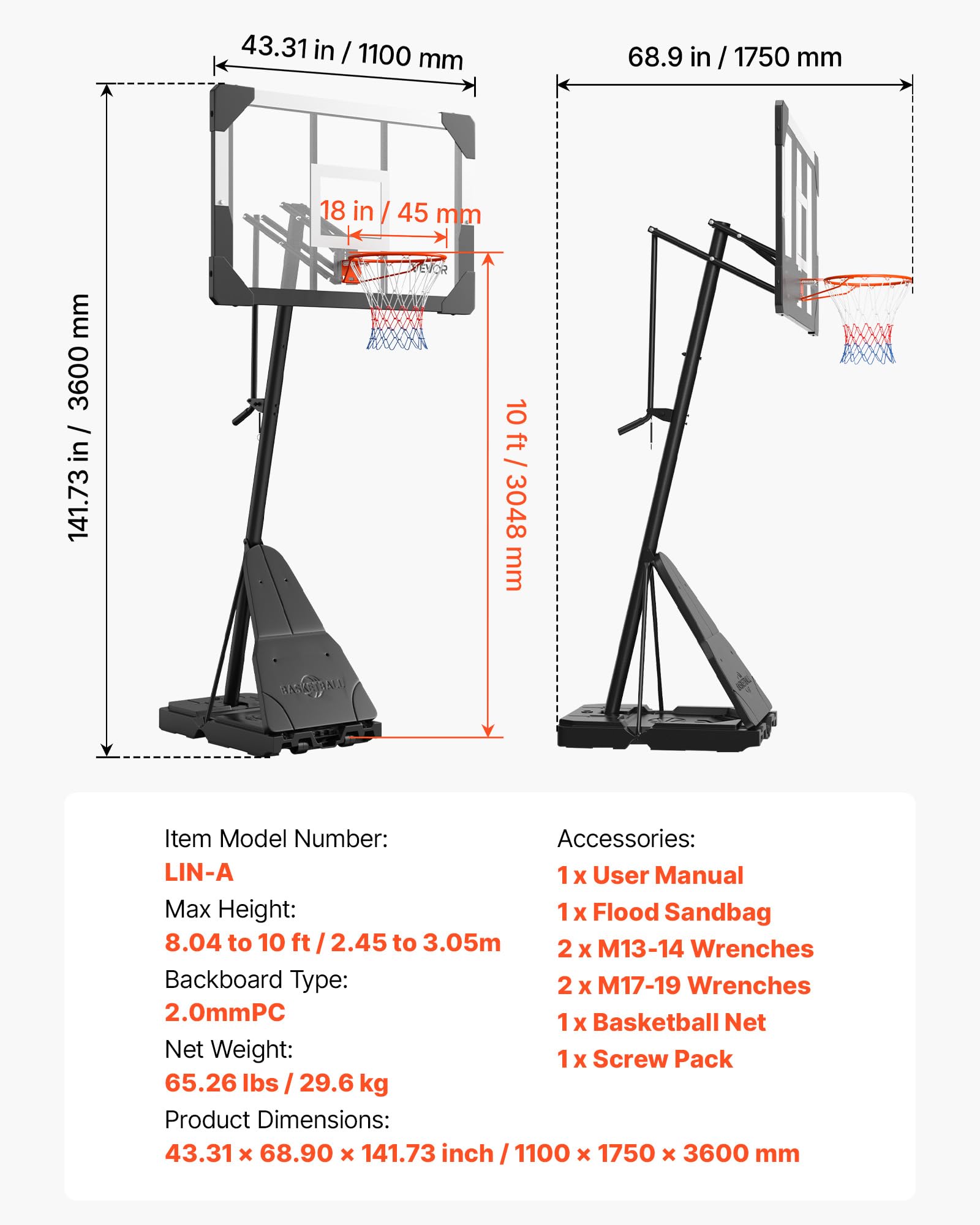 VEVOR Panier de Basket-Ball sur Pied Portable, But de Basketball Mobile, Système de Cerceau, Filet et Panneau en PC de 110 cm pour Basket, Hauteur Réglable 2,45-3,05 m, pour Extérieur Intérieur