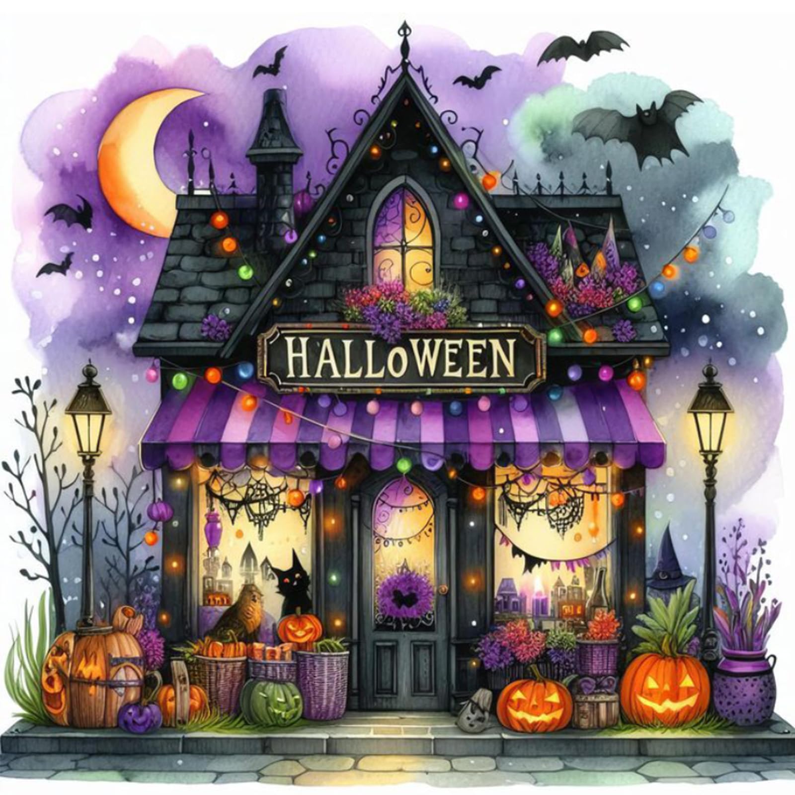 EOBROMD 5D Halloween-Shop Diamond Painting Erwachsene, Diamant Painting Bilder für Erwachsene Anfänger, Full DIY Diamant Kunst Malerei Stickerei Set Kreuzstich Bilder Home Dekor 30x30cm