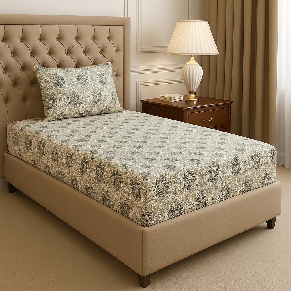 BSB HOME Premium Cotton Elastic Fitted Bedsheets with 1 Pillow Covers |Abstract Prints Single Bed Elastic 220 TC Supersoft Breathable & Wrinklefree | for 72x36+6 Inches, White and Grey-image-42