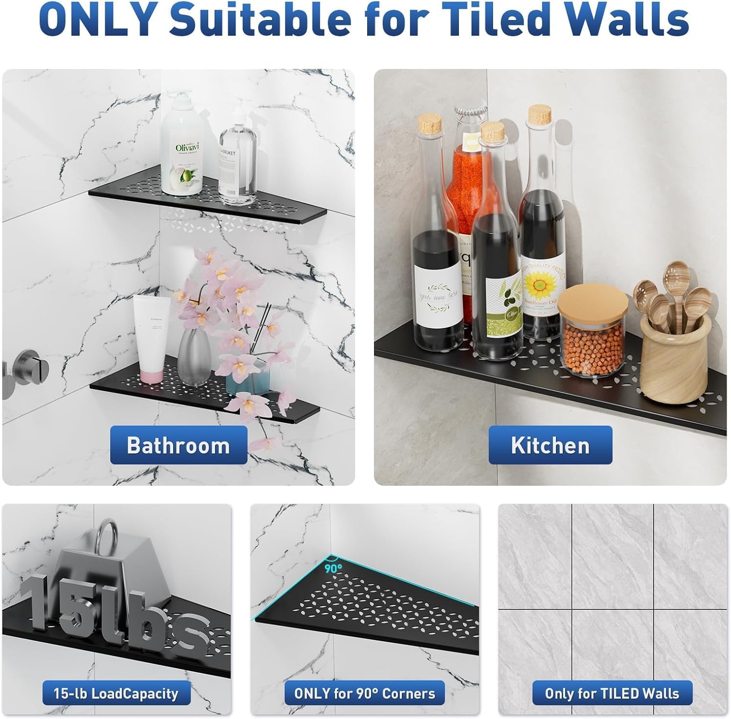 12" Corner Shower Caddy Shelves, 2 Pack Bathroom Shower Shelf for Tiled Wall, Stainless Steel Shower Shelf Organzier for Inside Showe Kitchen Storage Without Hooks & Adhesive (Star Patterns, Black)