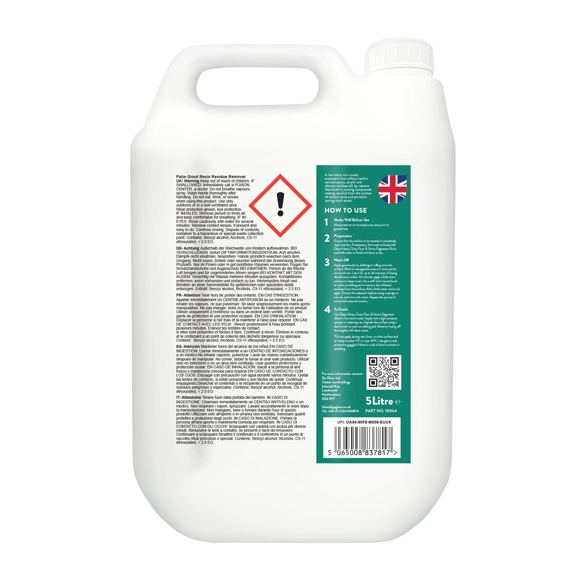 GLEAN Removedor de residuos de resina de lechada para patio, porcelana y piedra natural, elimina los residuos de acrílico, epoxi y silicona de compuestos de unión con cepillo, 5 litros