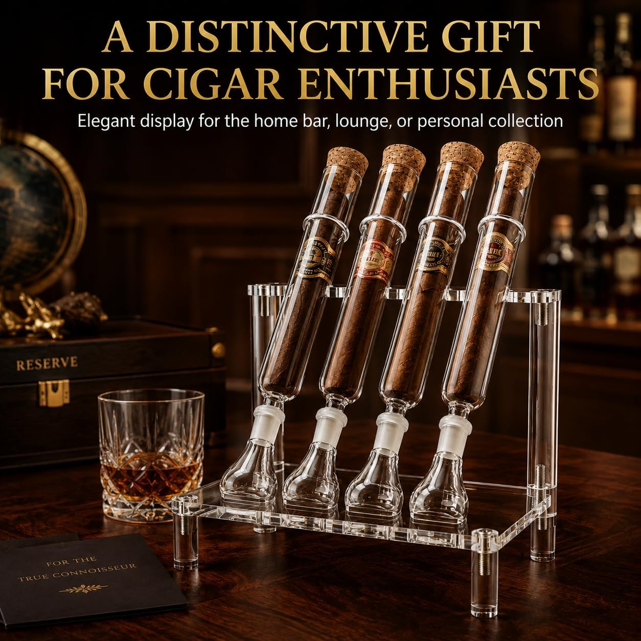 Cigar Flavoring Humidor Set for 4 Cigars, Glass Tubes, Acrylic Stand