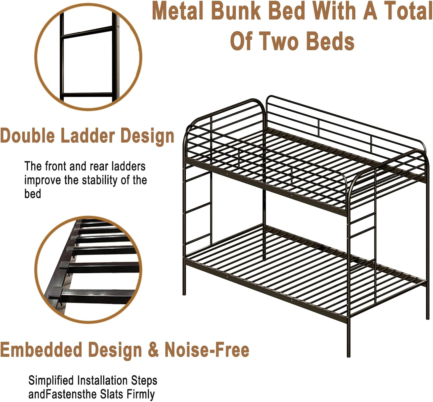 Colorful Double Bed Frame, Modern Style Twin Size Bunk Bed with Safe Guardrail, Each 400lbs Load-Bearing, Space-Saving Design for Adults, Kids and Teens, Easy-to-Install - Blue