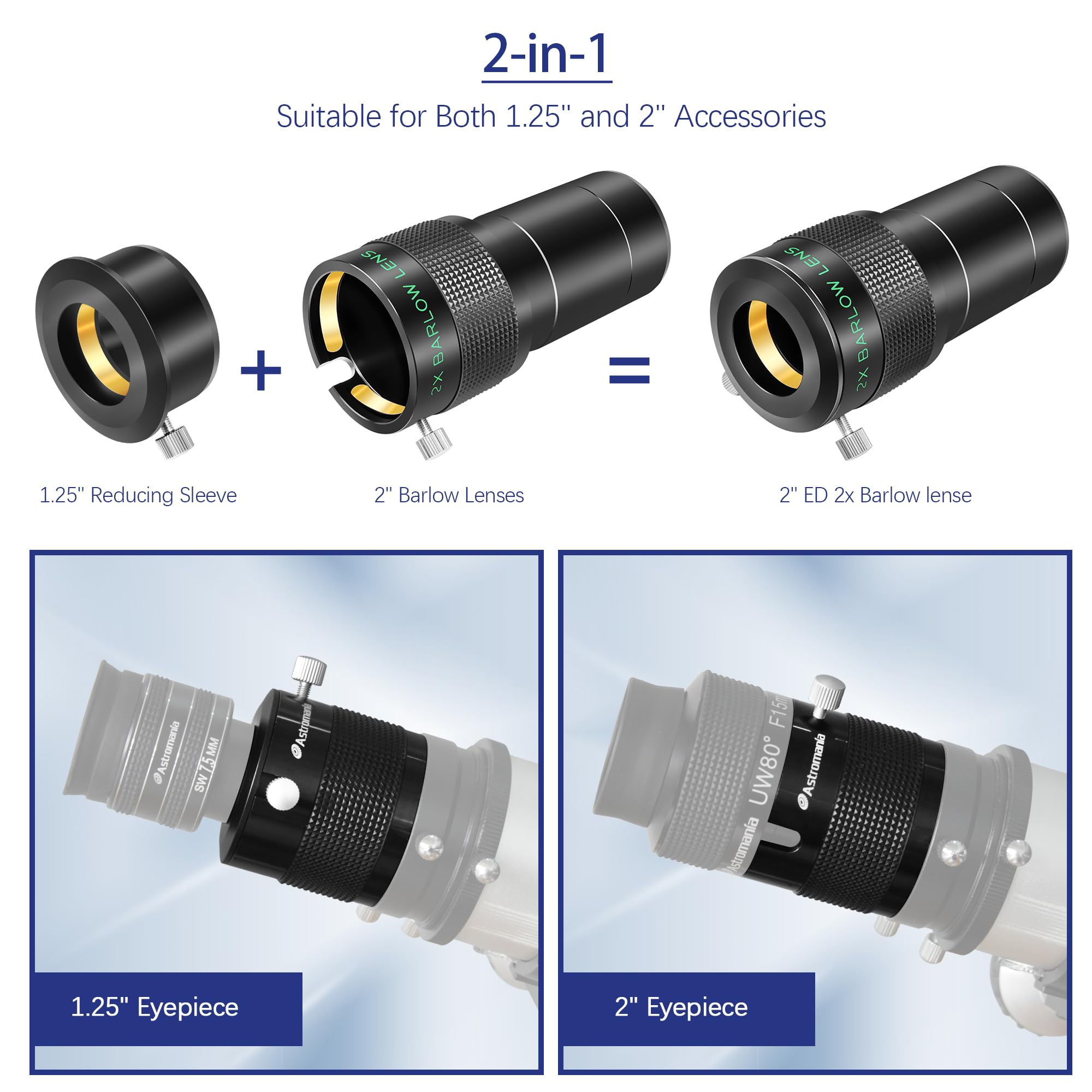 Astromania lente di Barlow per telescopi, 2" Ed 2X Dual Power