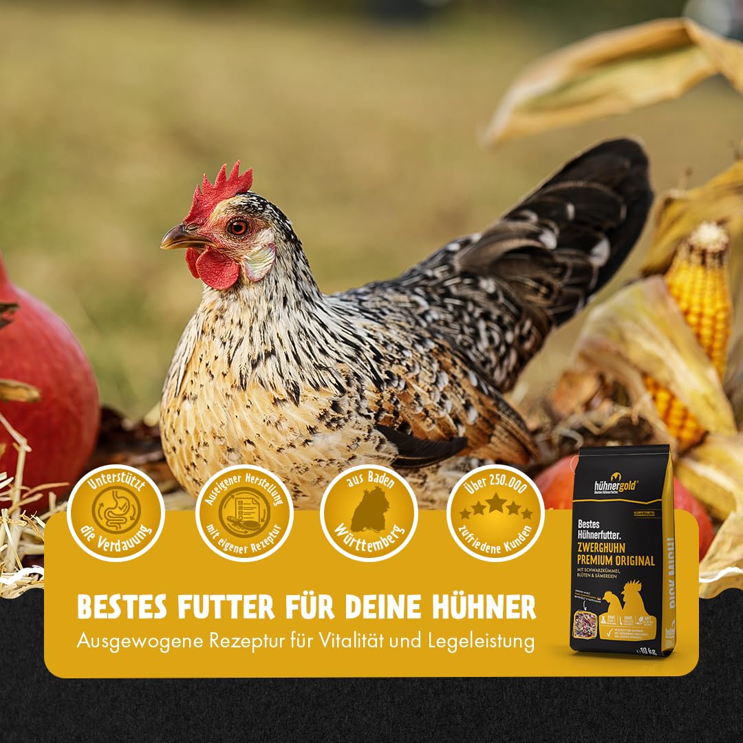 hühnergold Zwerghuhn Premium 20kg (2x10kg) Alleinfutter | Mit Kräutern, Blüten & Insektenprotein – Alleinfutter für Zwerghühner für Vitalität, Verdauung & ausgewogene Ernährung