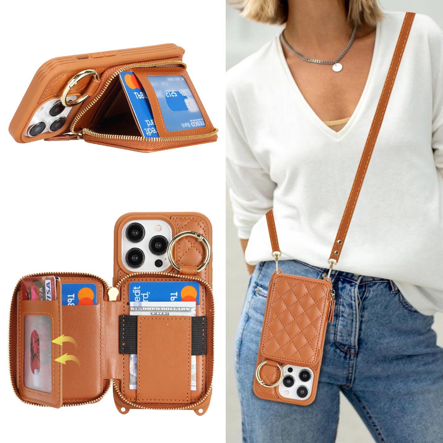 Crossbody Wallet Case for iPhone 13 Pro-Brown