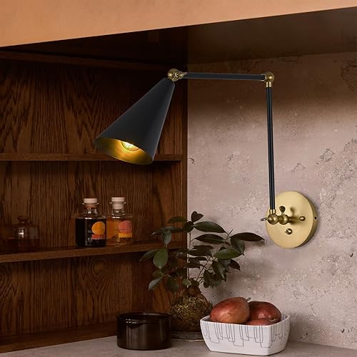 Miniatura 9 de EGWUICSLP Aplique de pared con brazo oscilante, aplique de pared de latón cepillado, luces de pared con brazo oscilante, luz de pared enchufable con