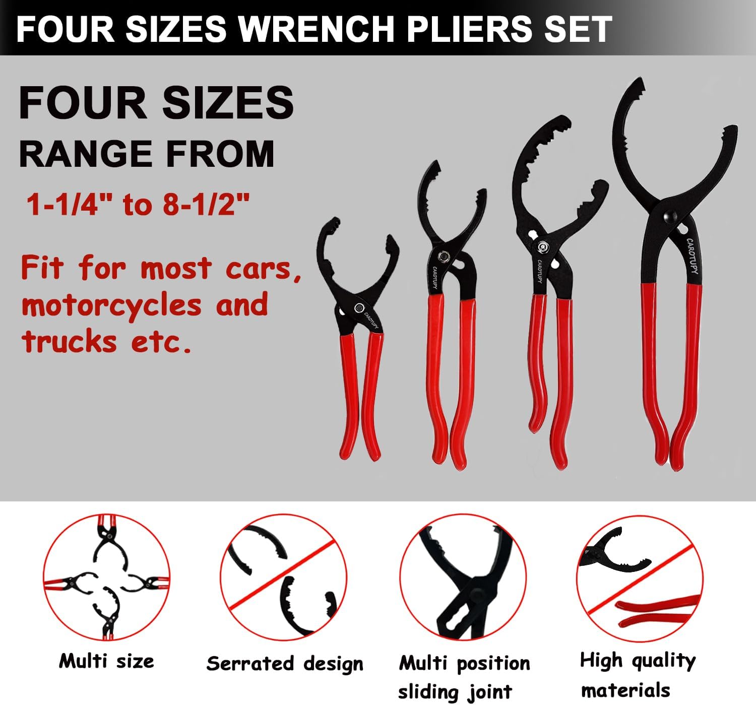 5Pcs Adjustable Oil Filter Pliers Set, Universal Oil Filter Removal Tool with Small Oil Funnel, 10" & 12" & 14" & 16" Oil Fliter Wrench From 1-1/4" to 8-1/2"