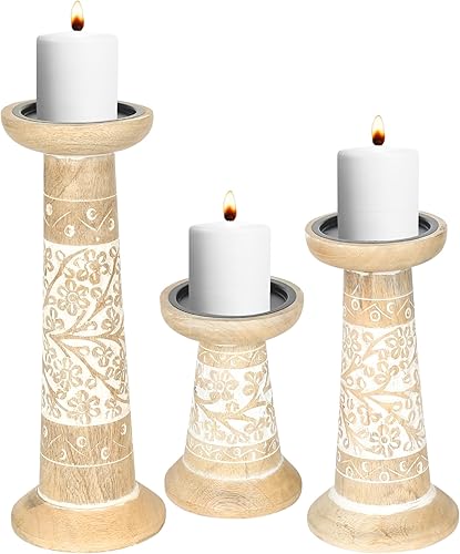Portavelas de pilar de madera tallada a mano, juego de 3, estilo decorativo tallado, hecho de madera de mango, decoración rústica de centro de mesa,