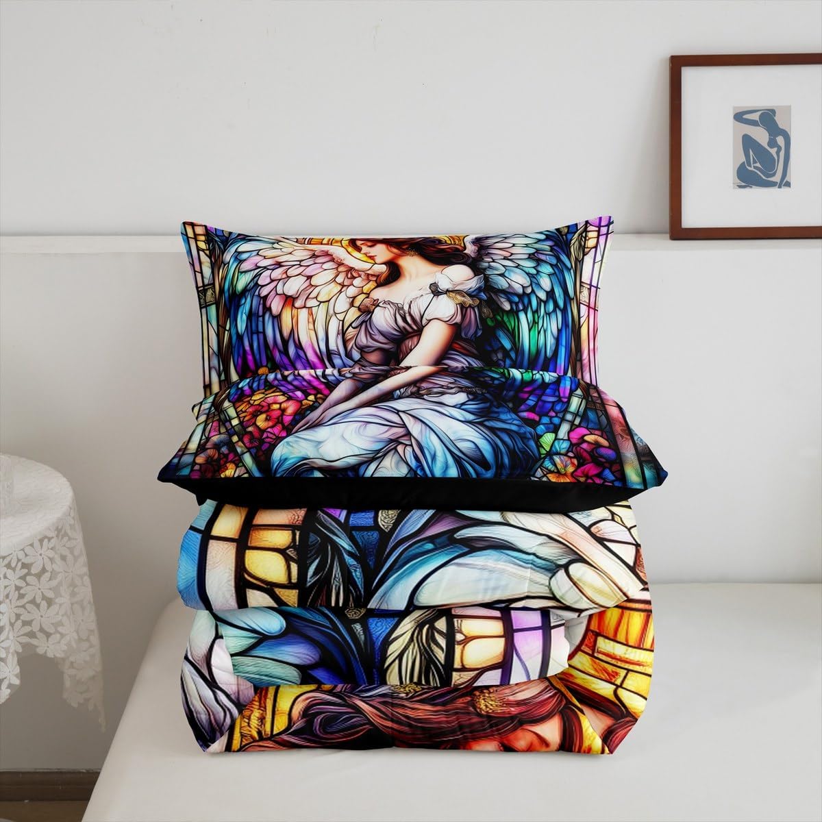Manfei Angle 3 Pcs Queen Size Comforter Set,Girly Princess Down Alternative Adults Bedroom Decor,Watercolor Flower Ultra Soft Microfiber Inner Fill 3Pcs Bedding