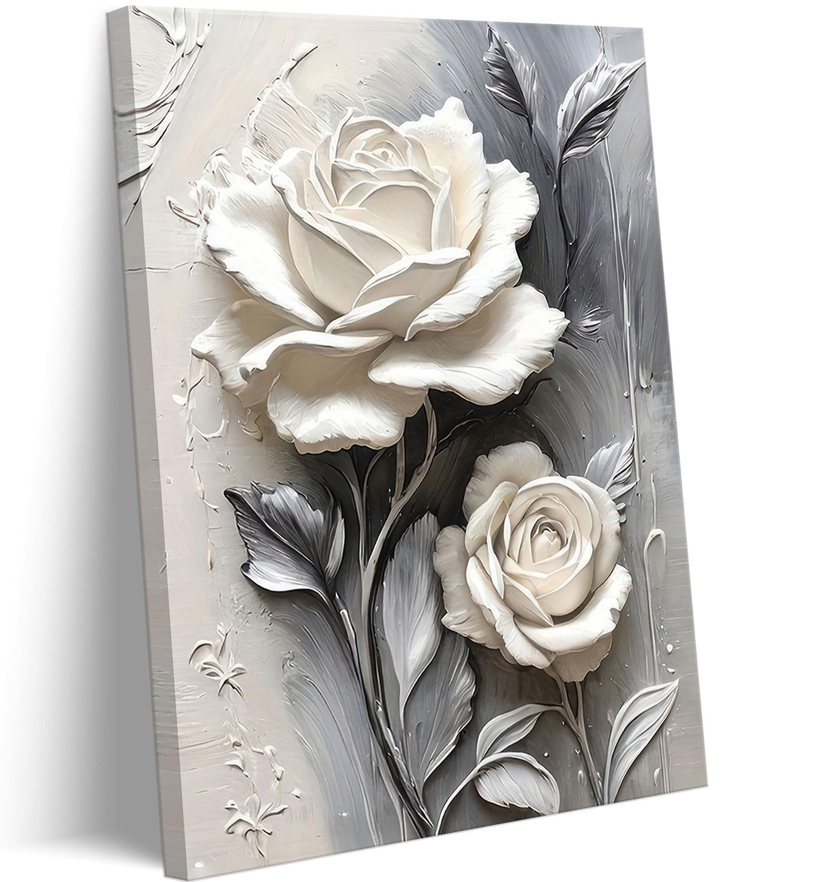 Elegant White Rose Canvas Art Modern Abstract Floral Wall Decor Picture White Blooming Flowers Poster Print Painting for Office Living Room Bedroom Bathroom Home Decorate Prepare To Hang