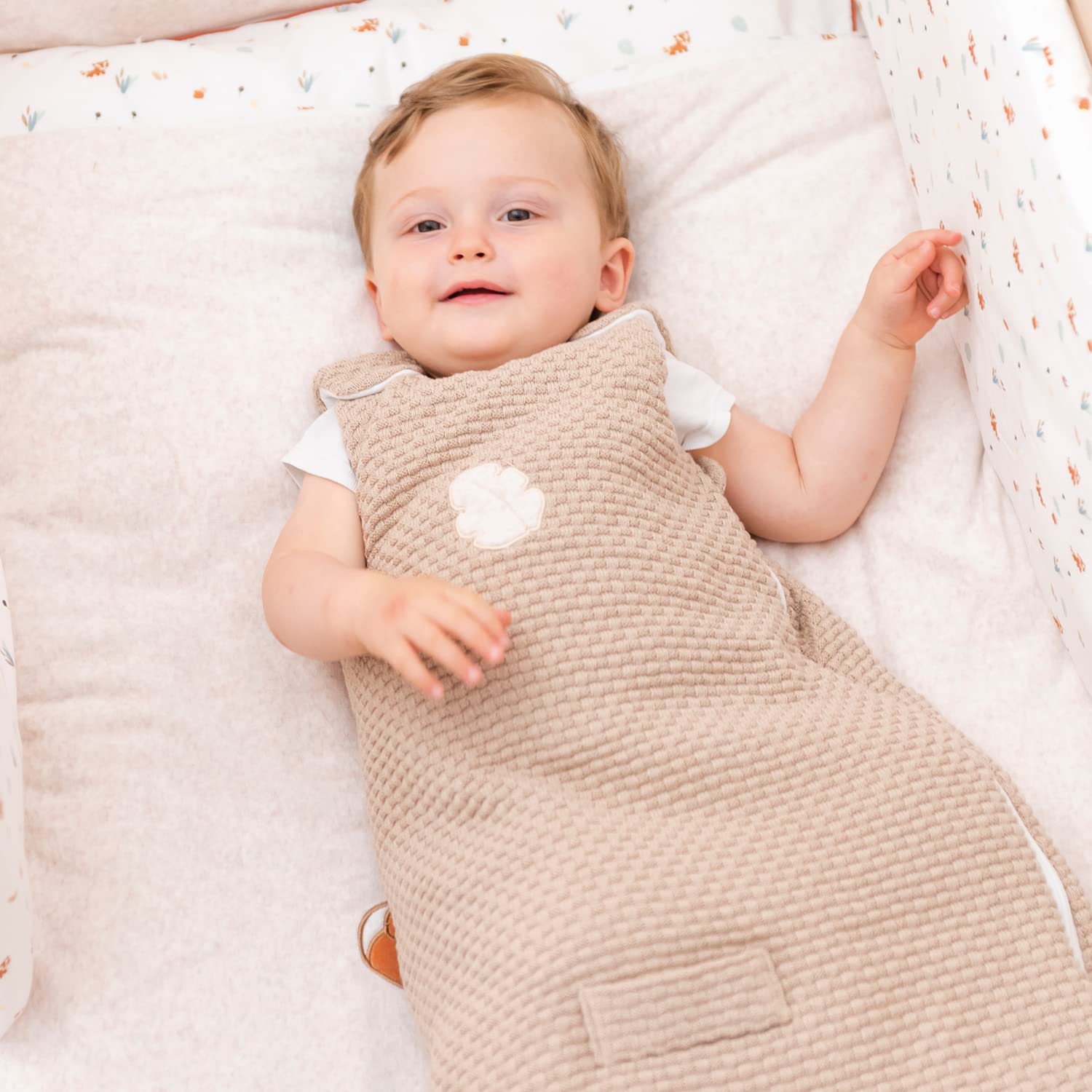 Nattou Baby-Schlafsack für den Sommer, Blattmotiv, 100% Baumwolle (Außen), 100% Polyester (Innen), 70 cm, Vegan, Boris & Jungo, Beige Baby