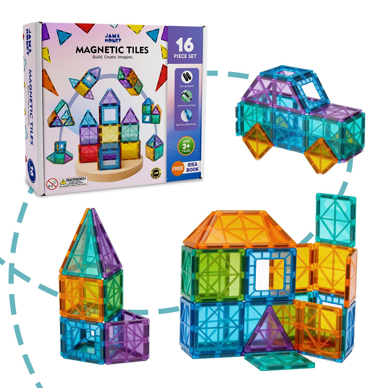 Amazon Brand - Jam & Honey MagPlay Magnetic Tiles for Kids | 16-Piece Starter Set | Magnetic Building Blocks | BPA-Free ABS | Compatible with Major Brands | Ages 3+ | Multicolour-image-13