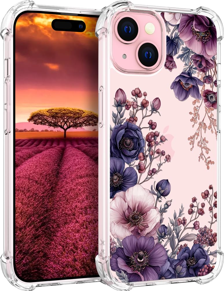 Topgraph Compatible with iPhone 15 Case Designer Cute Clear for Women,Cool Transparent Silicone Phone Cases Cover - Pink Flowers Florals Elegant