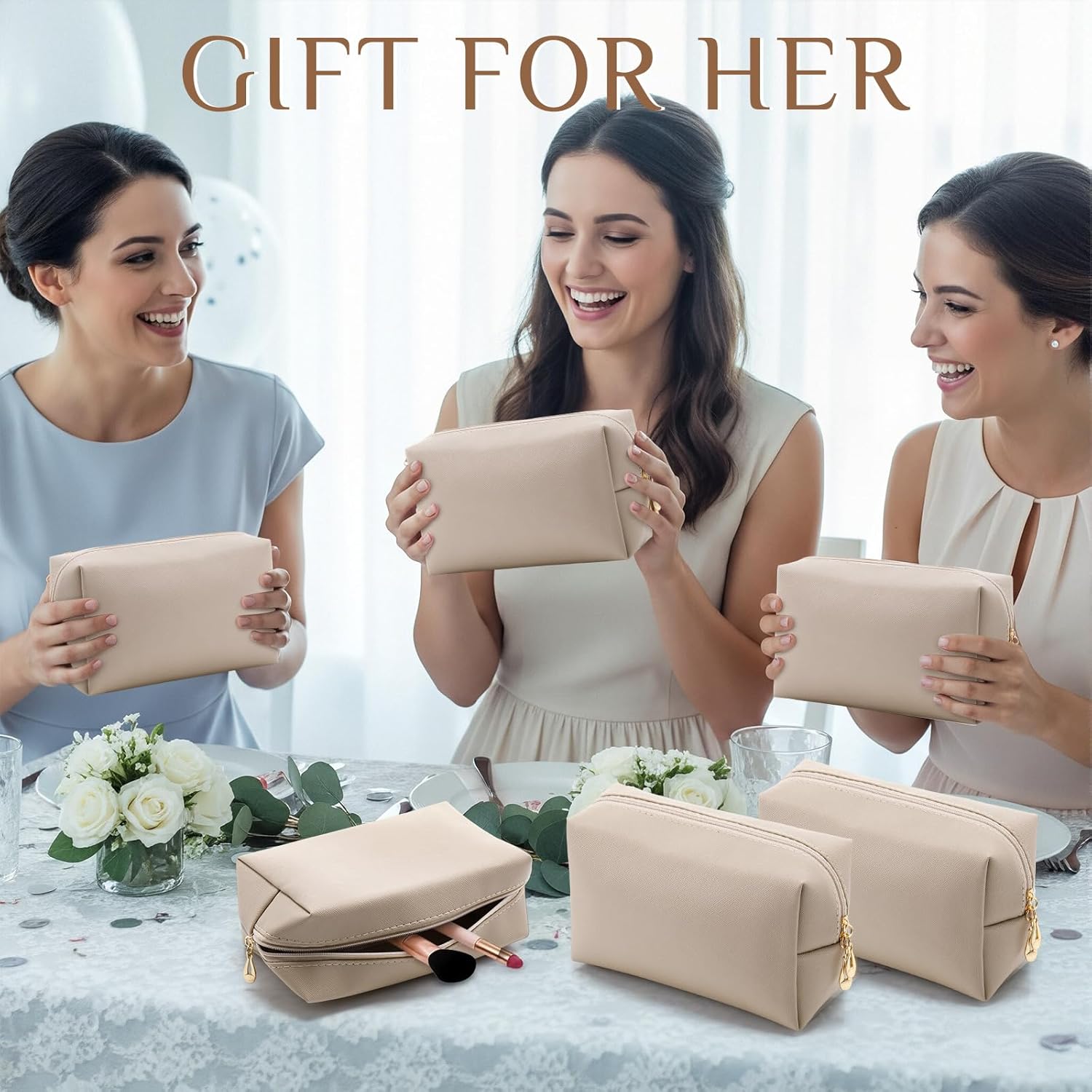 Sanwuta 9 Pcs Makeup Bags Bulk PU Double Zippers Cosmetic Bag Makeup Toiletry Small Pouch Portable Travel Organizers Case for Women Bridesmaid Proposal Gifts(Apricot) - Image 6