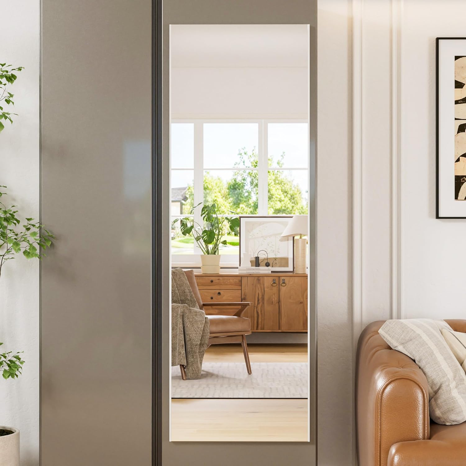 brisafe 59"x20" Magnetic Wall Mirror, Full Length Mirror with Tool-Free Installation, Shatterproof Nano Glass, Ultra Clear, Frameless Design for Bedroom, Closet, Door, Gym – White White 59"L x 20"W