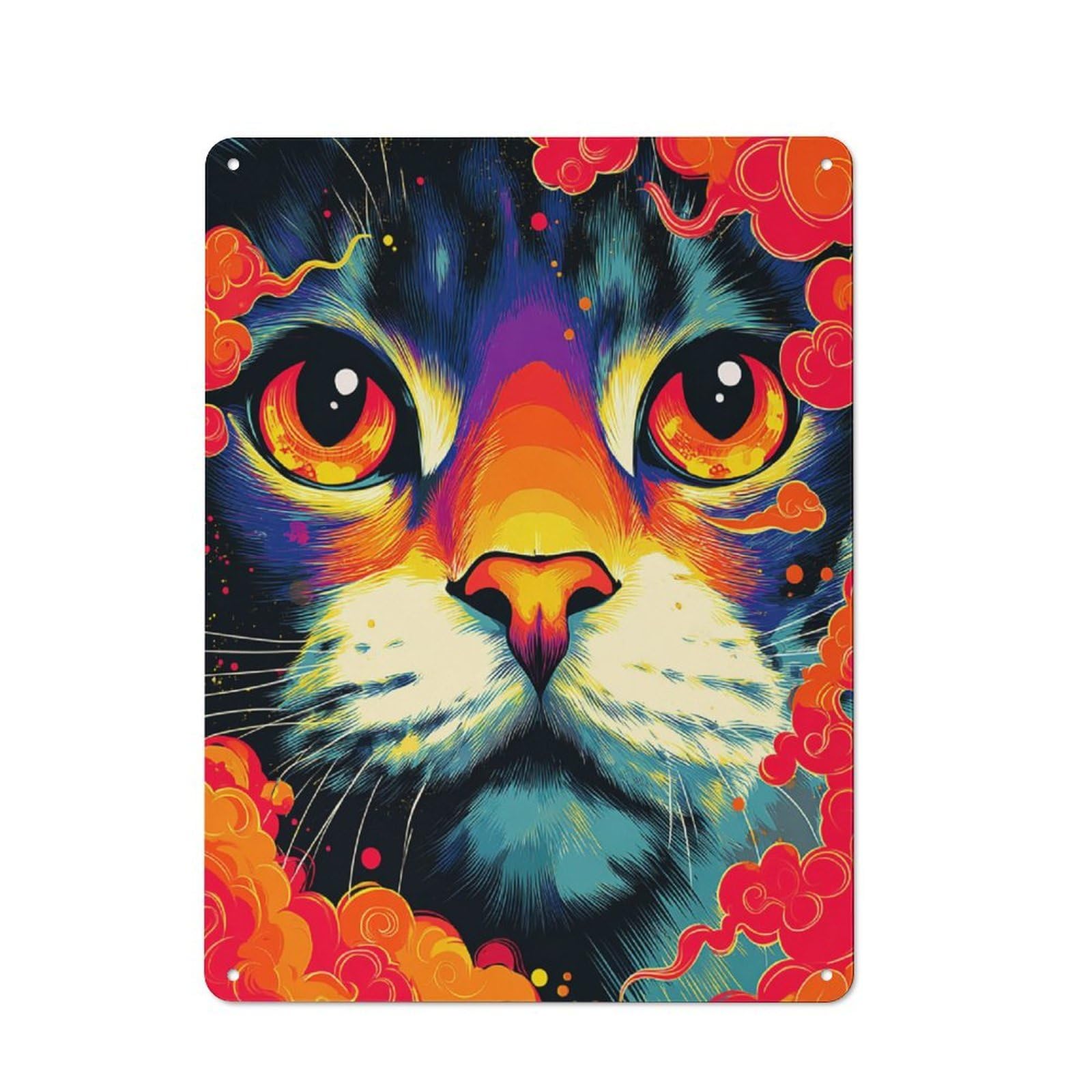 Junmoney Colorful Cat Portrait With Flames 40X30cm Retro Metal Plaque With For Kitchen Or Home Bar, For Garage, Workshop And Man Cave Decoration