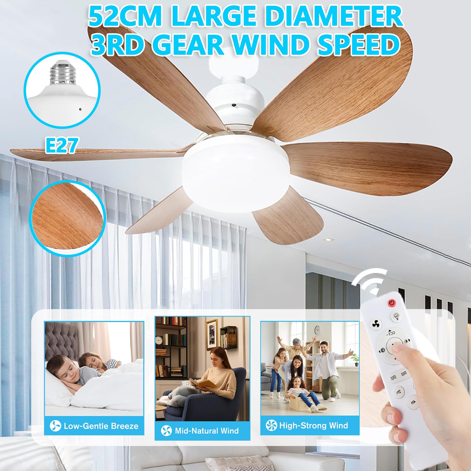 PZCC Ventilateur Plafond, Ventilateur Silencieux Plafond, 40W Lampe Ventilateur Plafond avec Douille E27, 6 Pales, 3 Vitesses, Silencieux, pour Salon, Chambre, Coucher (Grain de bois)