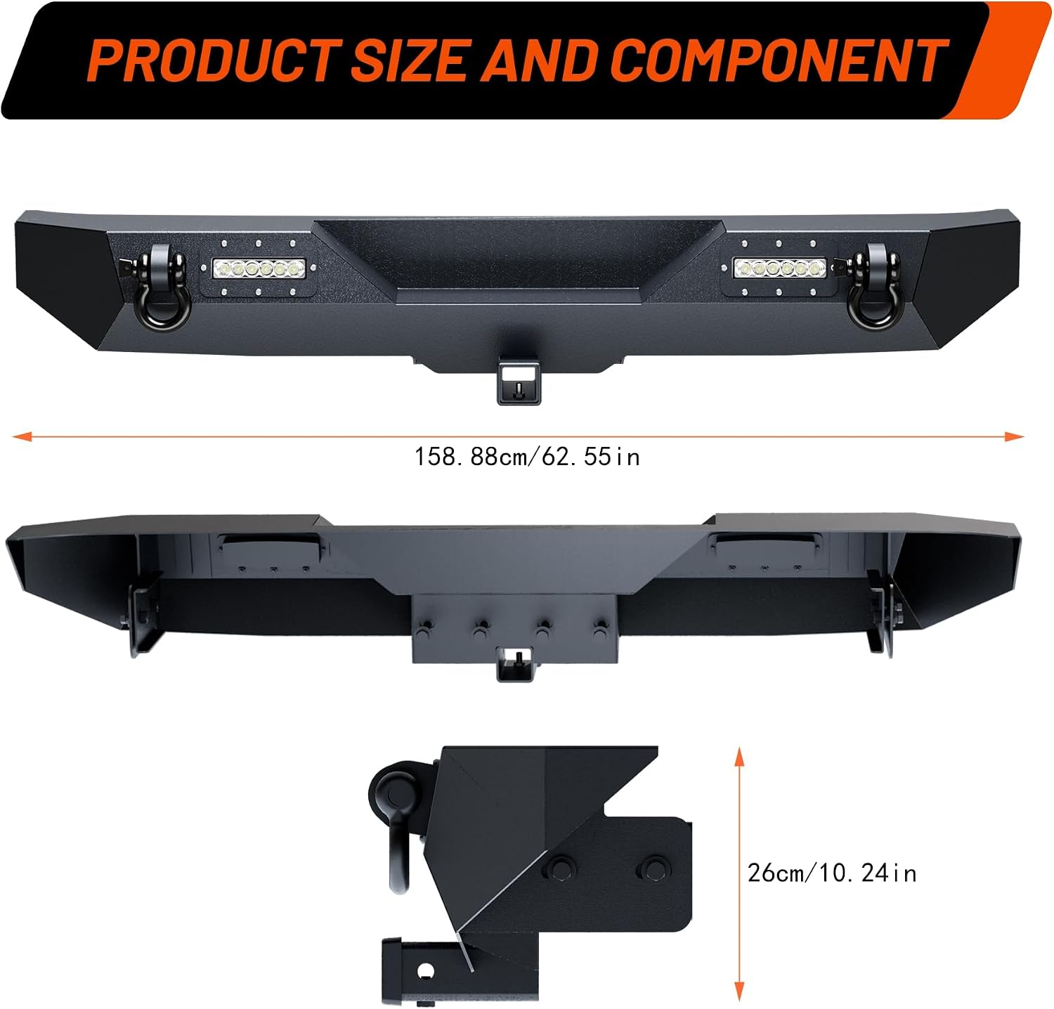 GarveeTech Rear Bumper Compatible with 2007-2018 Wrangler JK & Unlimited JKU (2/4 Doors), Rock Crawler Off Road Full Width Bumper with 2 LED Lights & 2 x D-Rings