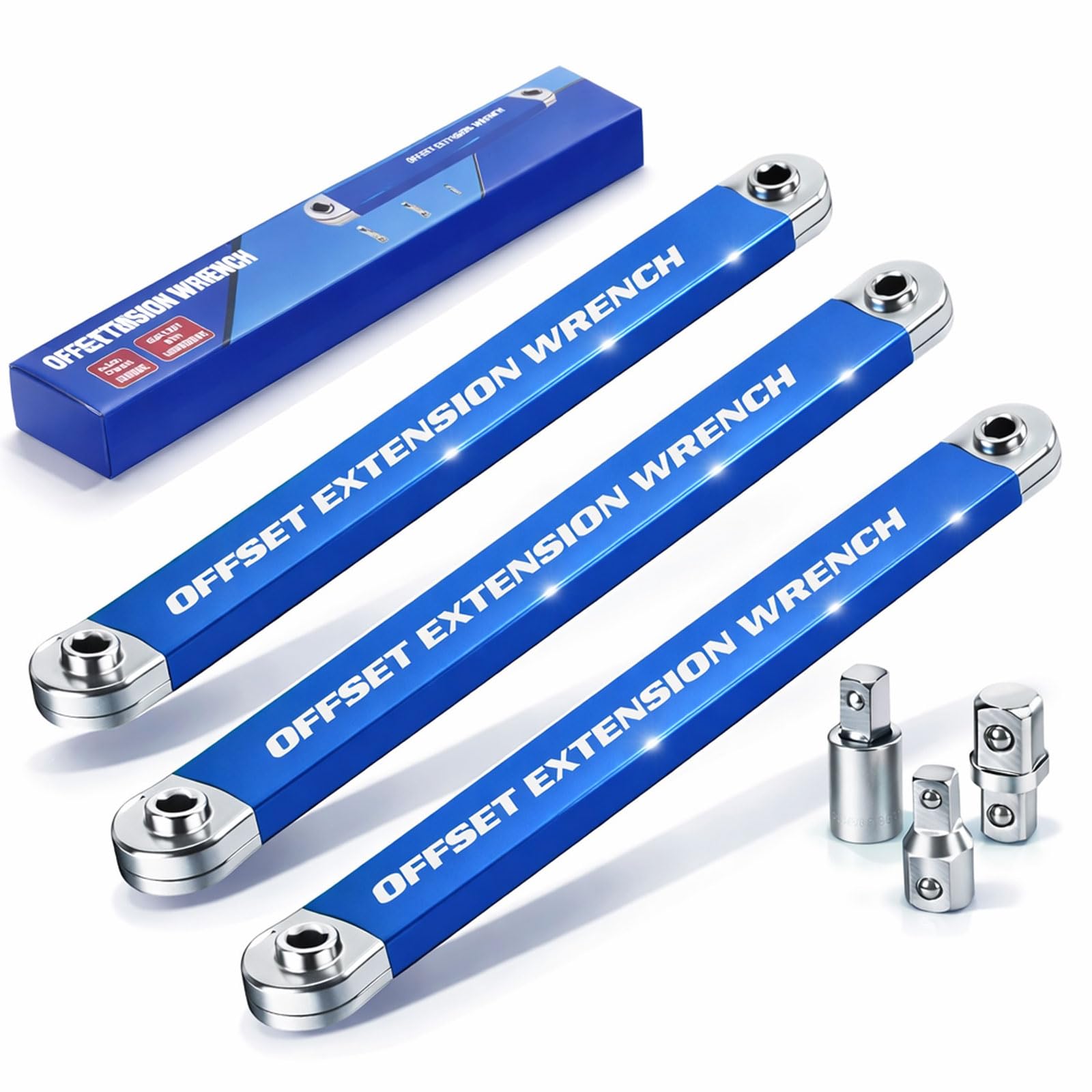 Offset Extension Wrench Set,Offset Verlängerungsschlüssel – 39cm (15 Zoll) Ratschenverlängerung mit Kettenantrieb – Inkl. 1/4", 3/8" & 1/2" Adapter -Torque für Engstellen im KFZ-Motorraum (3pcs)
