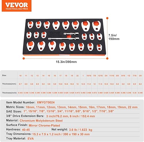 Miniatura 7 de VEVOR Juego de llaves para pata de gallo de 38 pulgadas con 2 barras de extensión, juego de llaves de pie de cuervo de 24 piezas, SAE 38"-1" y
