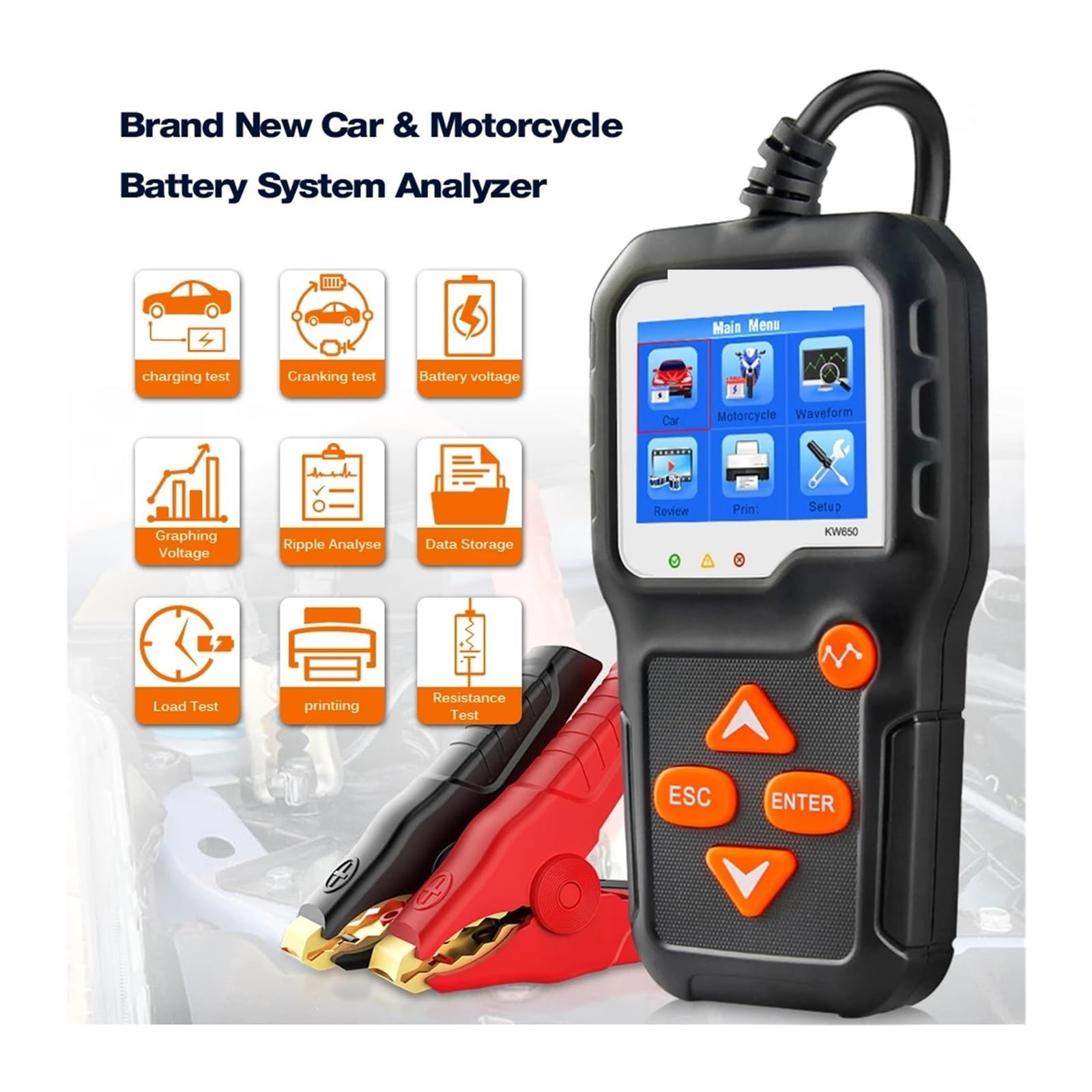 Tester baterii, Tester akumulatora samochodowego motocyklowego 12 V 6 V Analizator systemu akumulatorów 2000CCA Narzędzia do wania rozruchu ładowania samochodu KW650