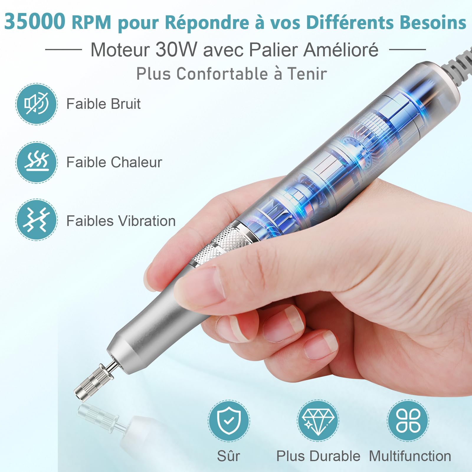Ponceuse pour Ongles Électrique Professionnelle 35000 RPM - Multifonction Silencieuse avec Affichage LED, Bouton Pause & 6 Embouts - Machine Manucure/Pédicure pour Salon/Maison (Gris Élégant)