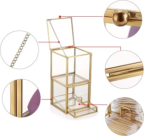 Miniatura 4 de Hipiwe Soporte Qtip de vidrio dorado con tapa, 2 compartimentos, bolas de algodón, organizador de hisopos, soporte de almohadillas redondas de