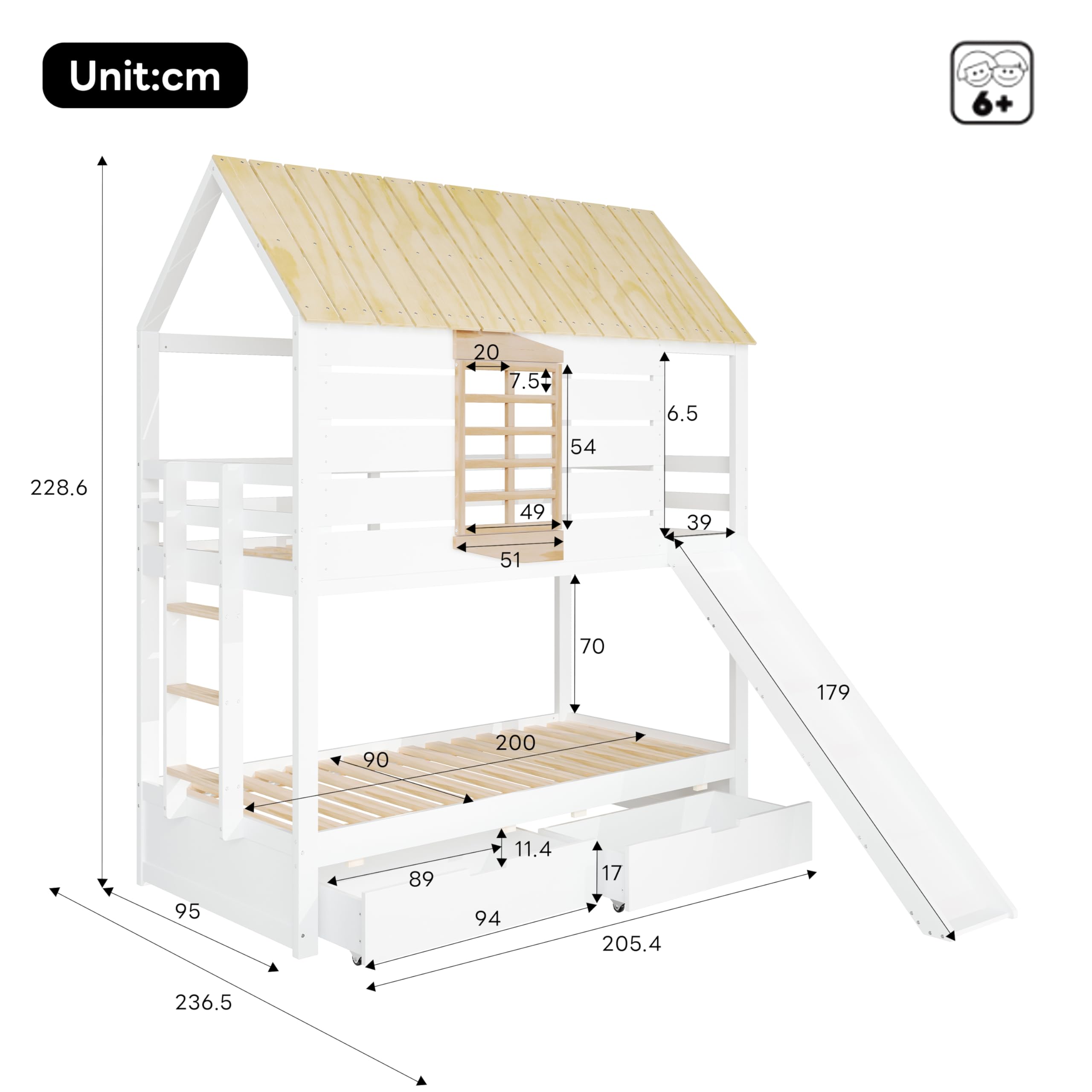 Letto a soppalco basso con scivolo, letto a soppalco con scivolo, 90x200 letto singolo con 2 cassetti, scala e protezione dalle cadute, senza materasso (bianco+naturale)