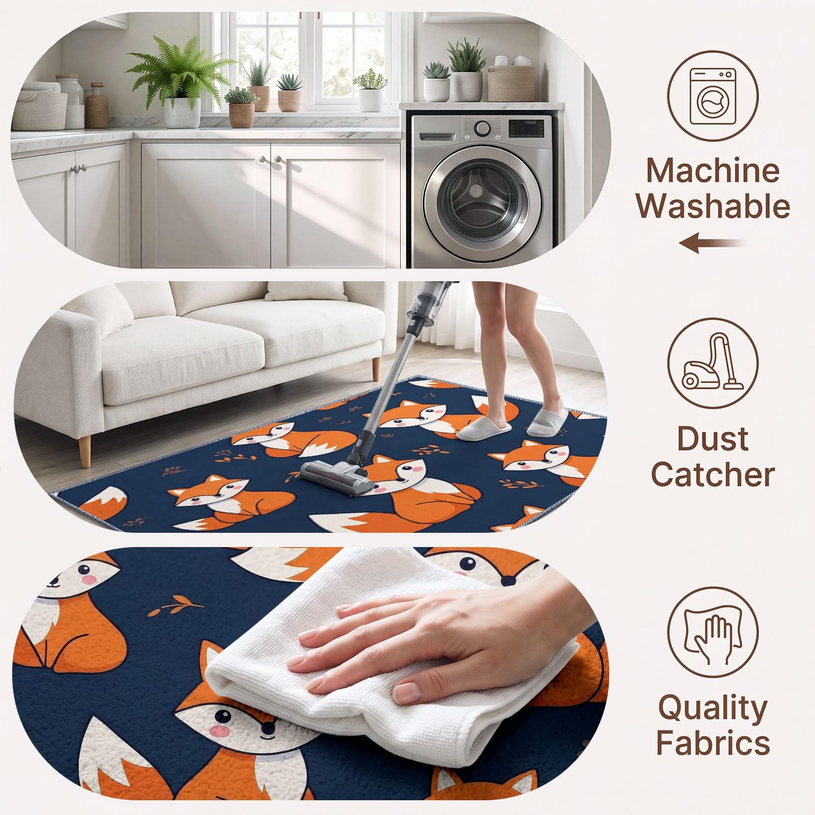 Scandinave Pastoral Tapis Salon 160 x 230 cm, Lavable Animal Renard Roux Feuilles Mortes Tapis à Faible Poil Chambre à Coucher Antidérapant pour Salle à Manger Chambre d'enfants Bureau à Domicile