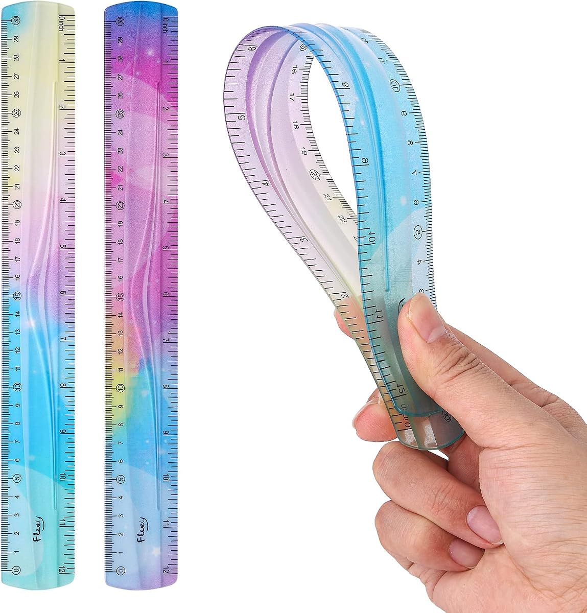 2-Piece Flexible Ruler, 30cm/12inch Plastic Straight Edge Ruler, Soft Bendable for School, Classroom, Office, Kids & Adults