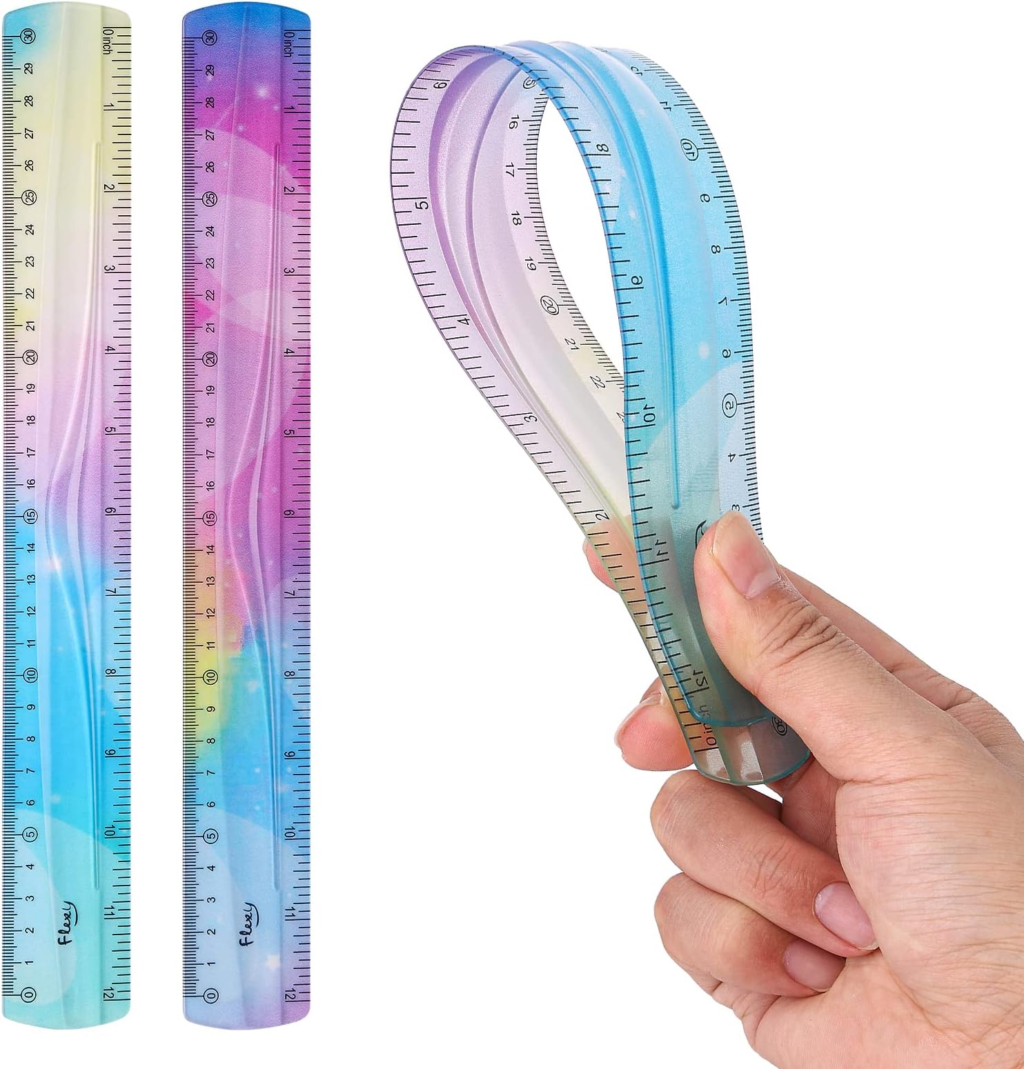 Grevosea 2-Piece Flexible Ruler, 30cm/12inch Plastic Straight Edge Ruler, Soft Bendable for School, Classroom, Office, Kids & Adults