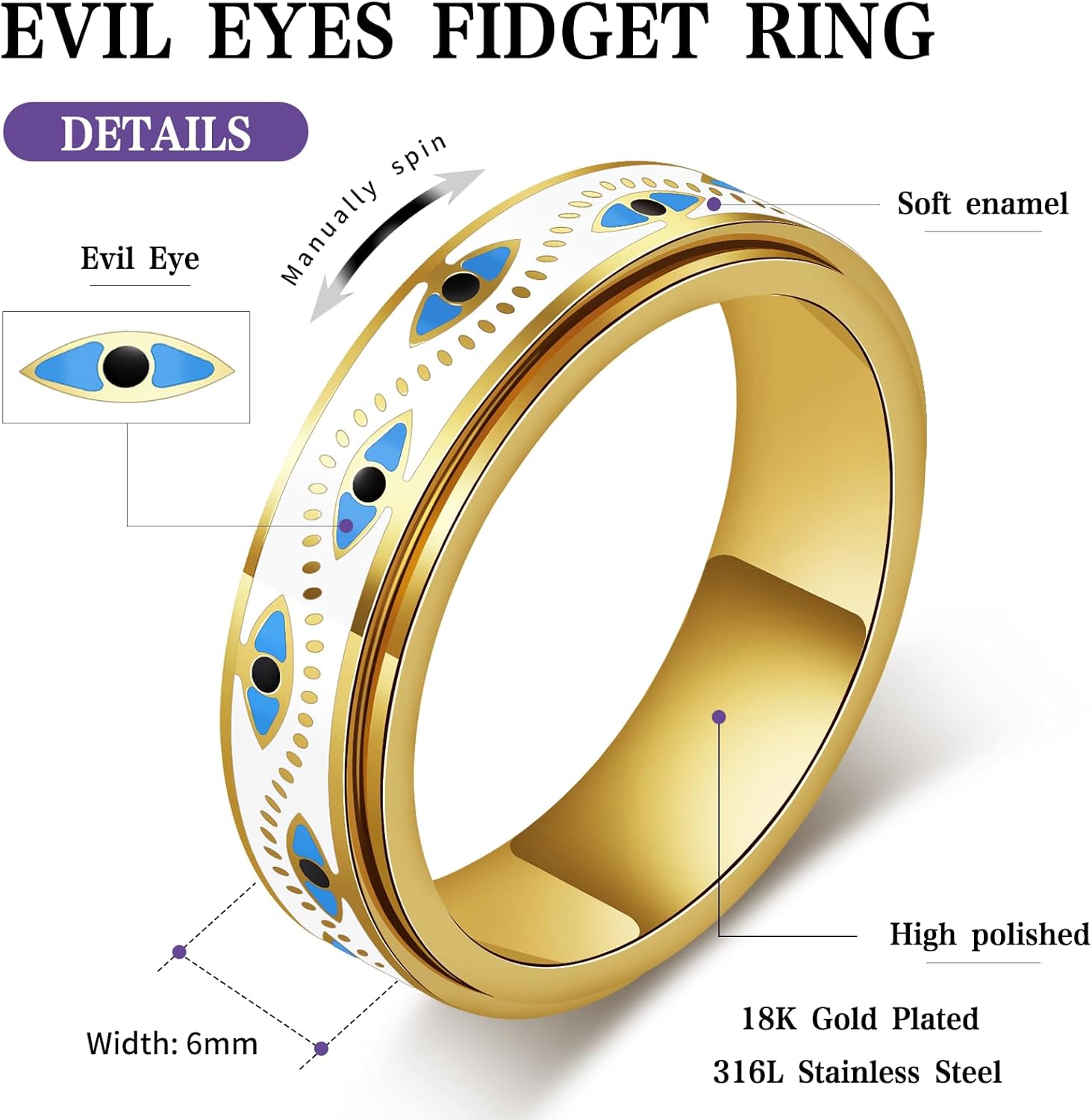 Evil Eye Fidget Ring for Women - Anxiety Relief Spinner Jewelry,18K Gold Plated Stainless Steel Turkish Ojo Turco Protection Rings Gift for Adults - Image 7