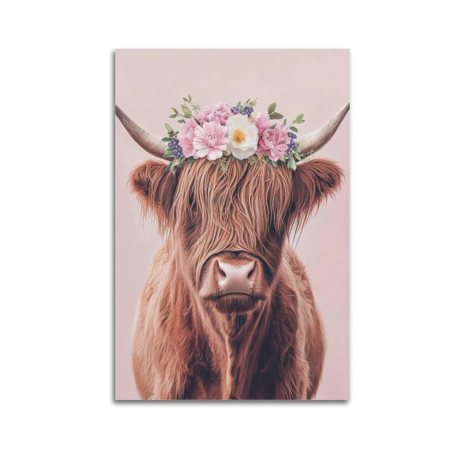 ESTE Highland Cow Flowers Artwork Poster Decorative Painting Canvas Modern Art Picture 24x36inch(60x90cm)