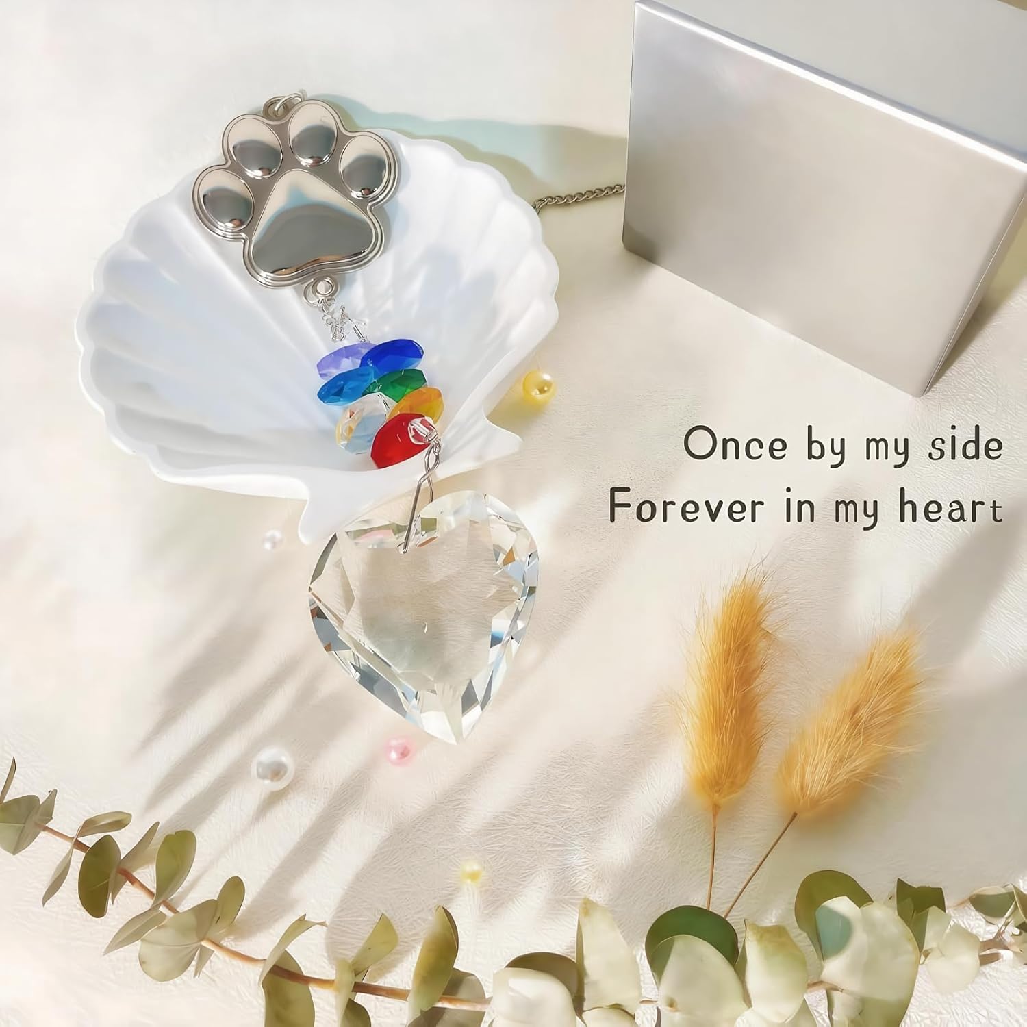 Pet Memorial Sun Catcher – Heartfelt Dog and Cat Remembrance Gift, Personalized Paw Design with Durable Hooks, Colorful Star Anise Bead and Crystal Clear Heart Shaped Prism