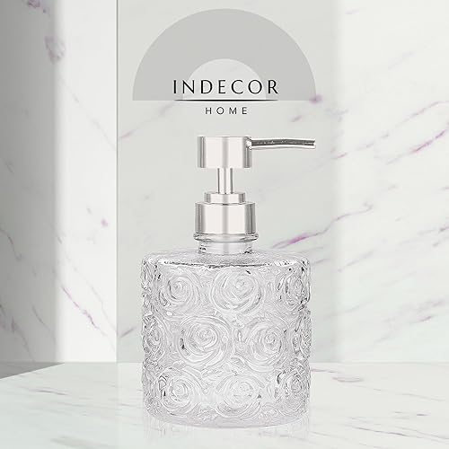 Miniatura 6 de Marcella - Dispensador de jabón de vidrio con bomba de jabón, capacidad recargable de 14 onzas, patrones de rosas de diseño floral, vidrio grueso